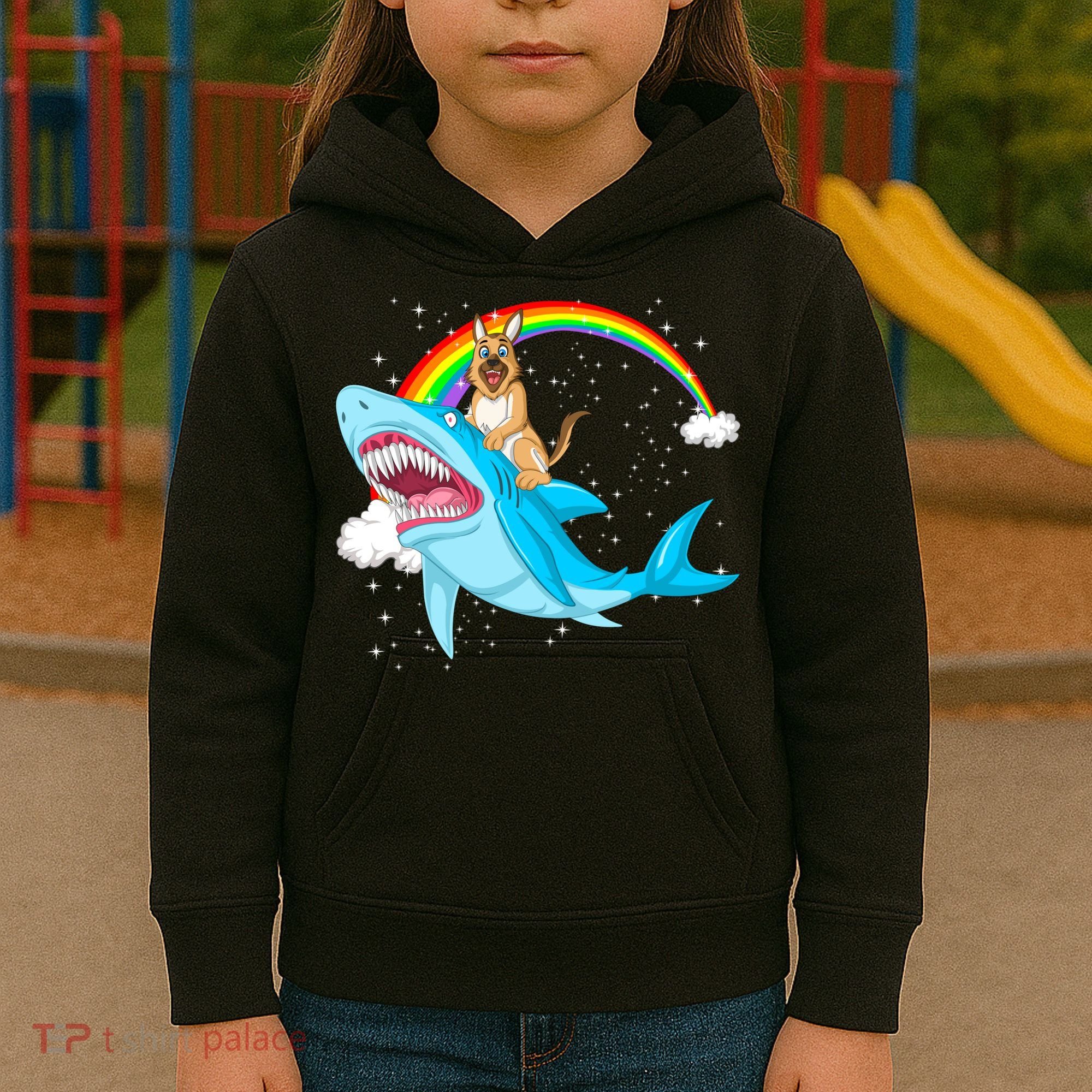 German Shepherd Riding Shark Kids Hoodie
