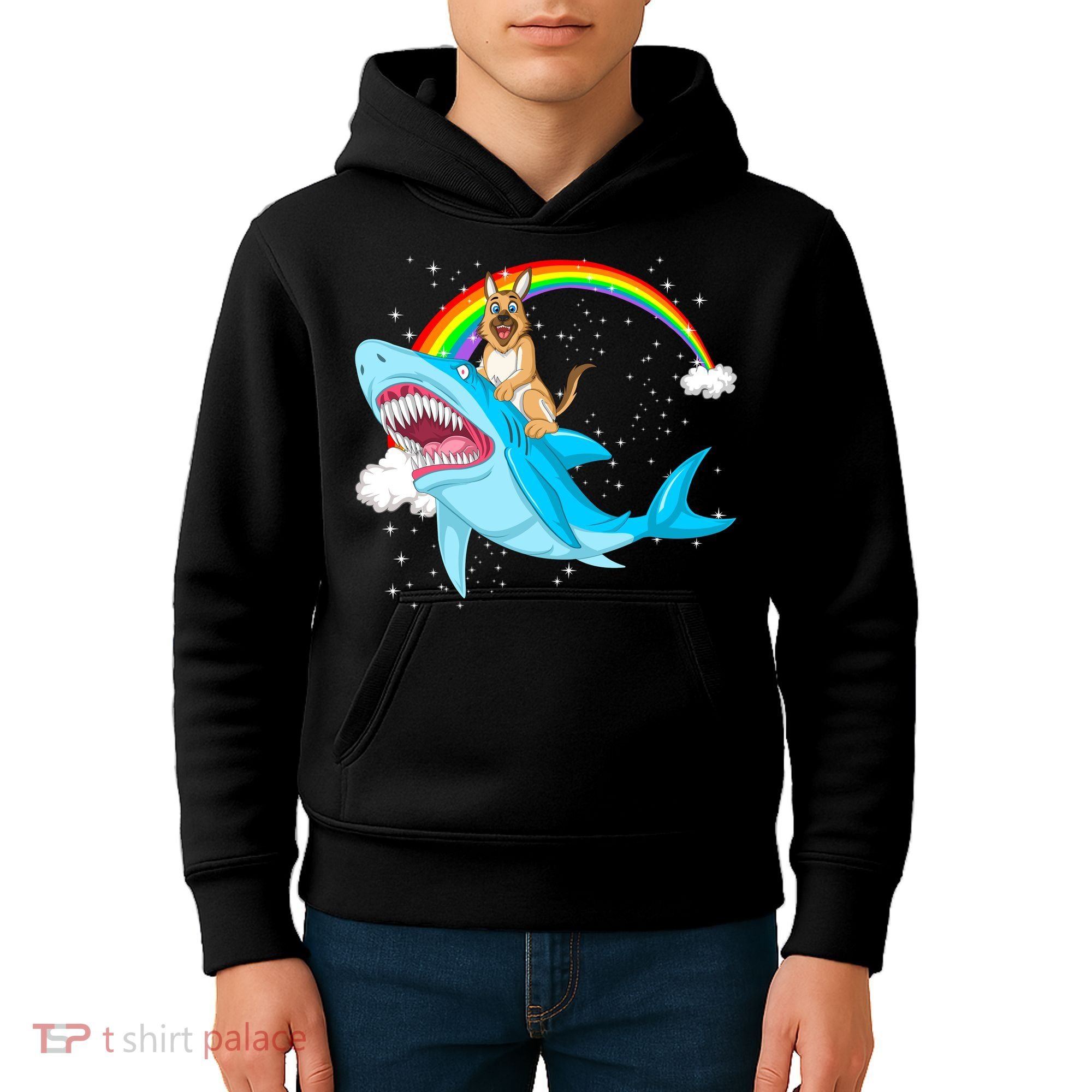 German Shepherd Riding Shark Kids Hoodie