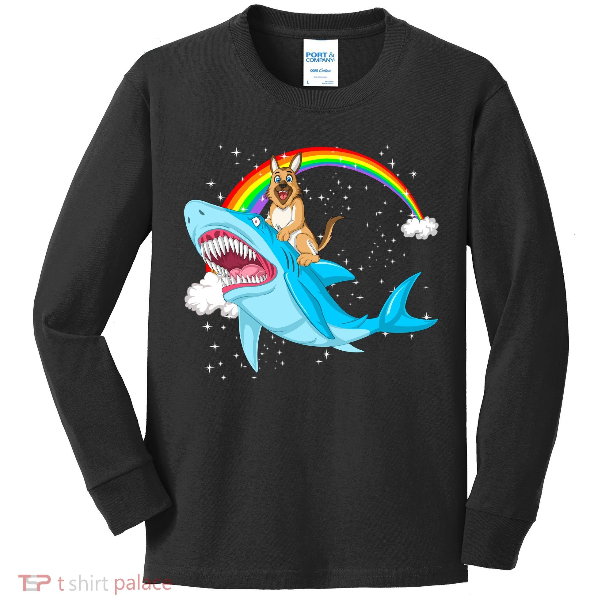 German Shepherd Riding Shark Kids Long Sleeve Shirt
