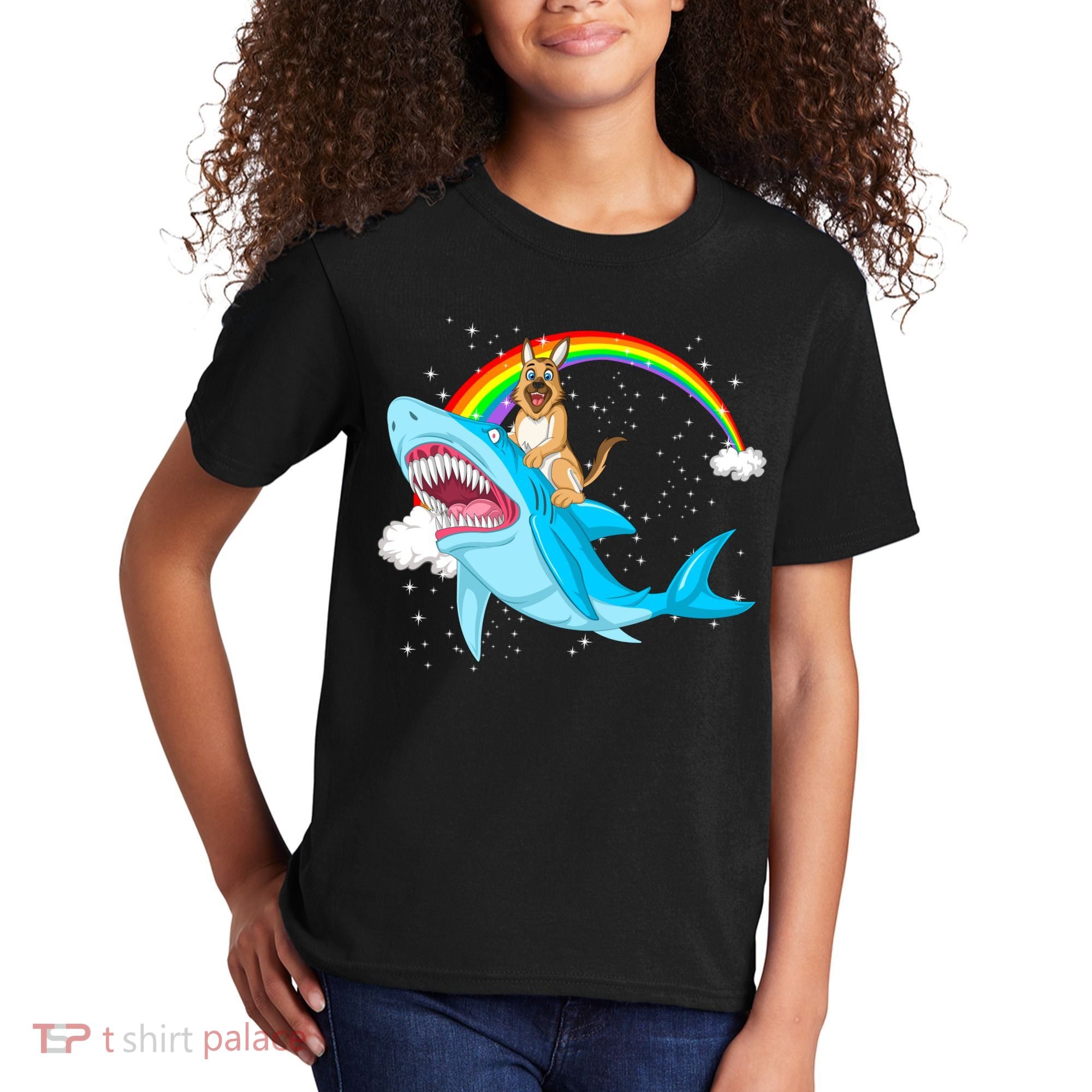 German Shepherd Riding Shark Kids T-Shirt