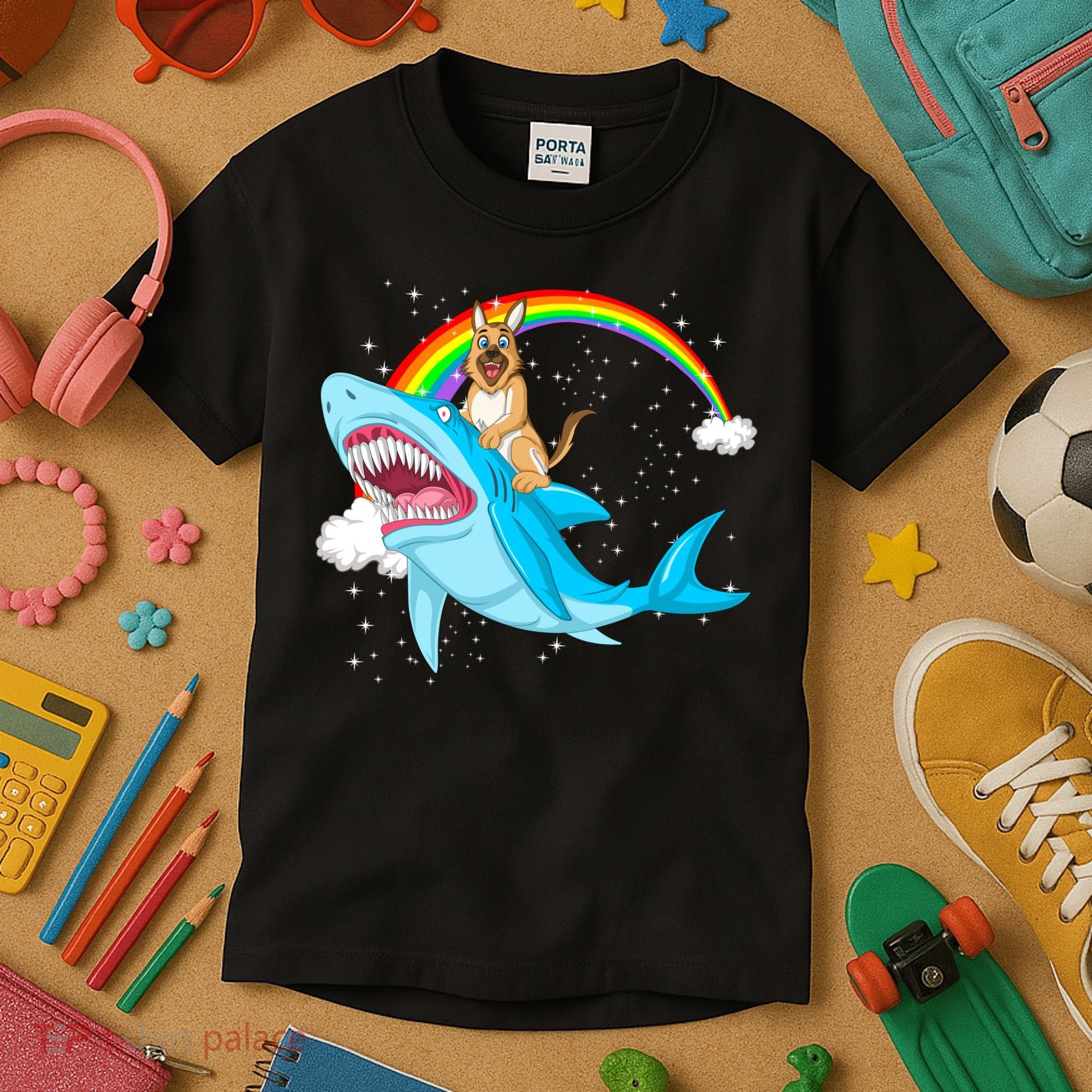 German Shepherd Riding Shark Kids T-Shirt