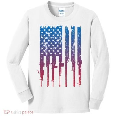 Vintage Rifle American Flag Retro Kids Long Sleeve Shirt