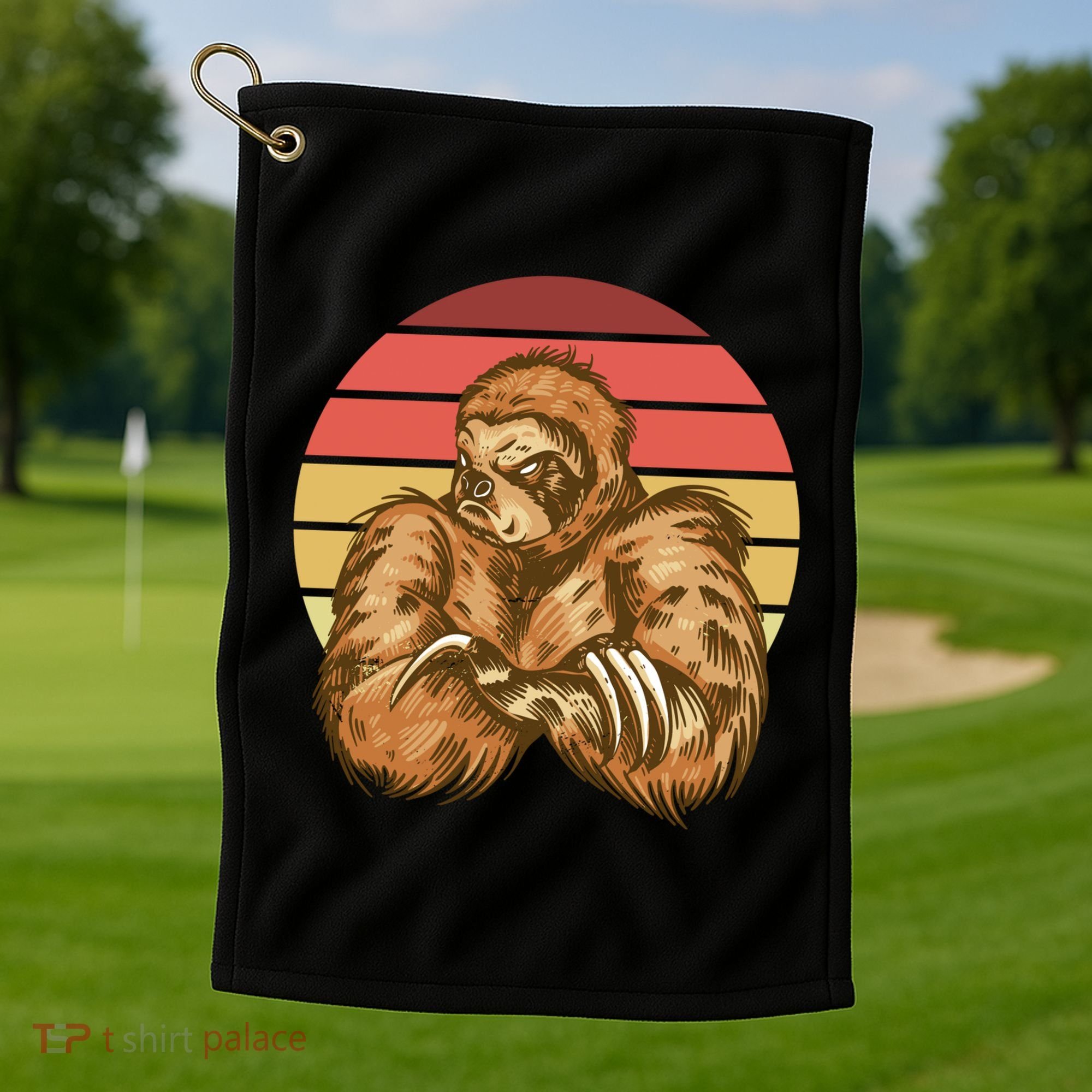 Grumpy Sloth Retro Sunset Golf Towel