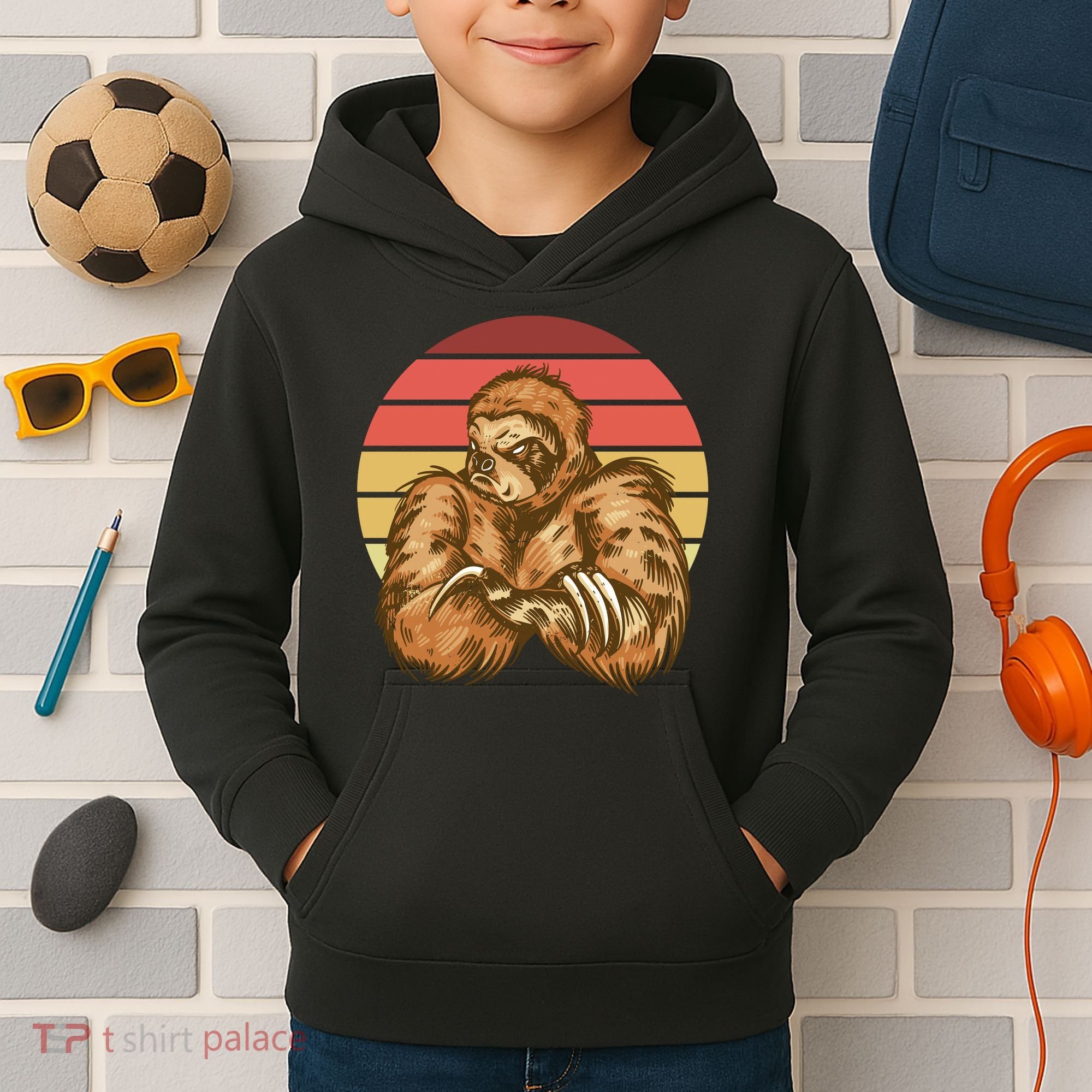 Grumpy Sloth Retro Sunset Kids Hoodie