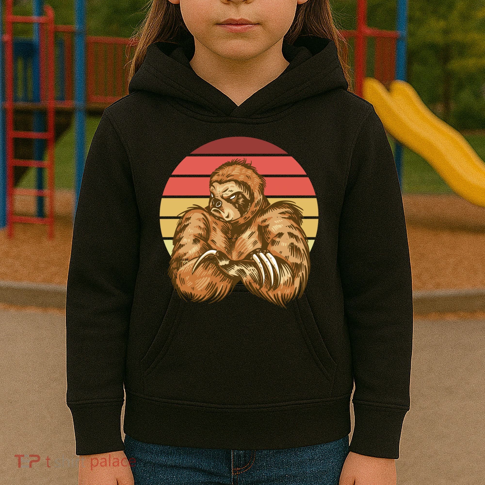 Grumpy Sloth Retro Sunset Kids Hoodie