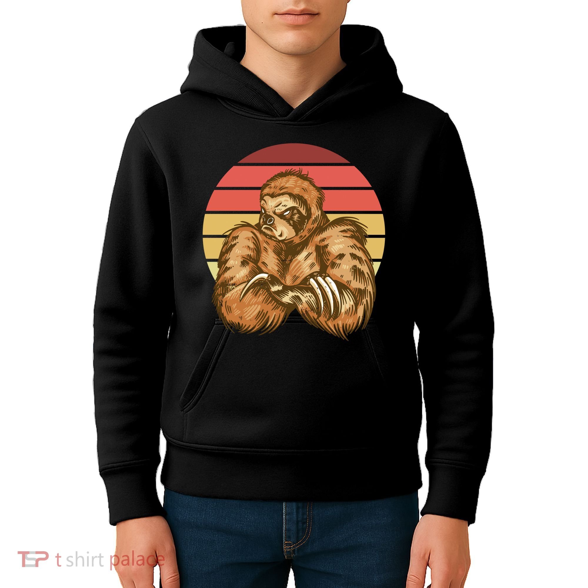 Grumpy Sloth Retro Sunset Kids Hoodie