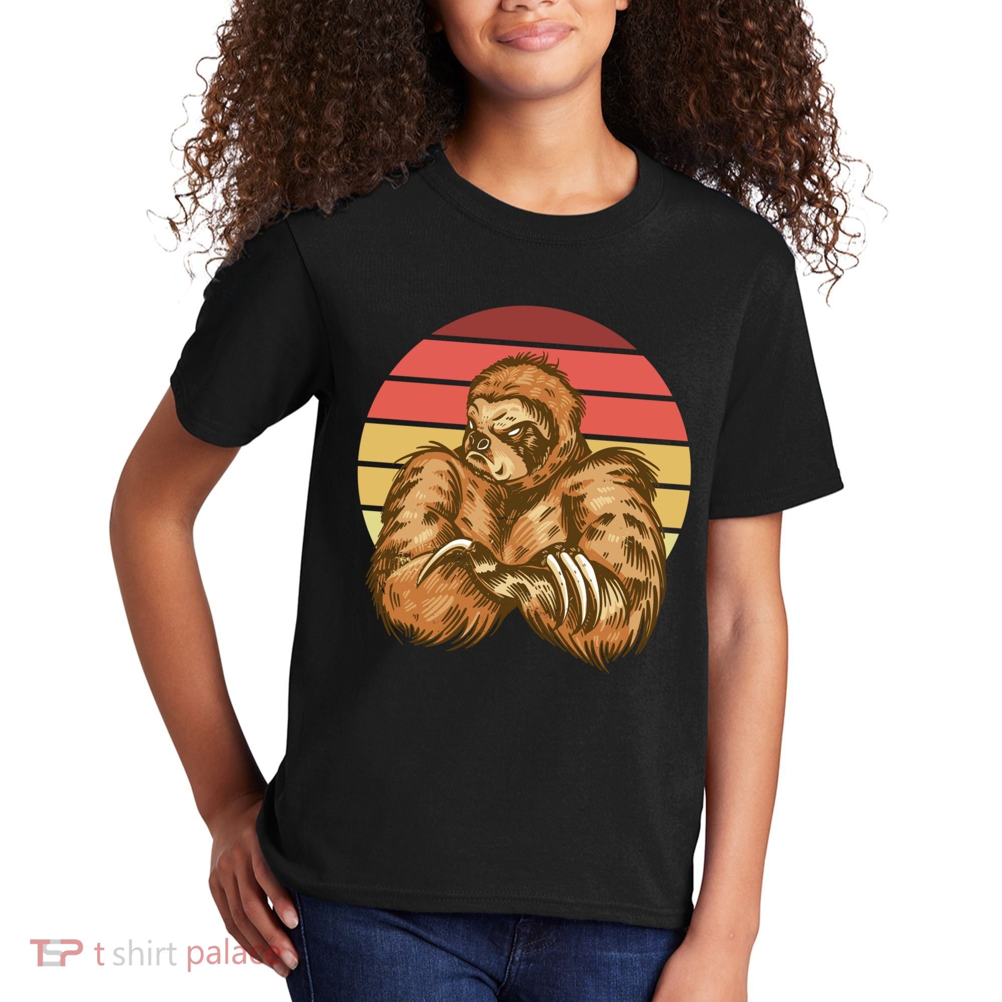 Grumpy Sloth Retro Sunset Kids T-Shirt