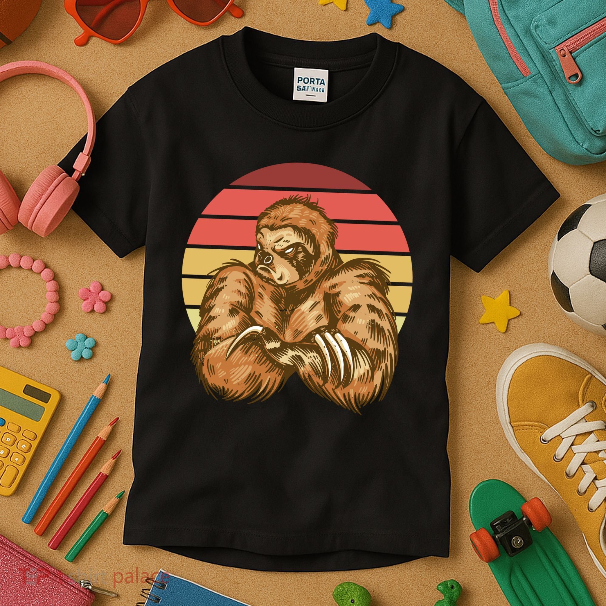 Grumpy Sloth Retro Sunset Kids T-Shirt