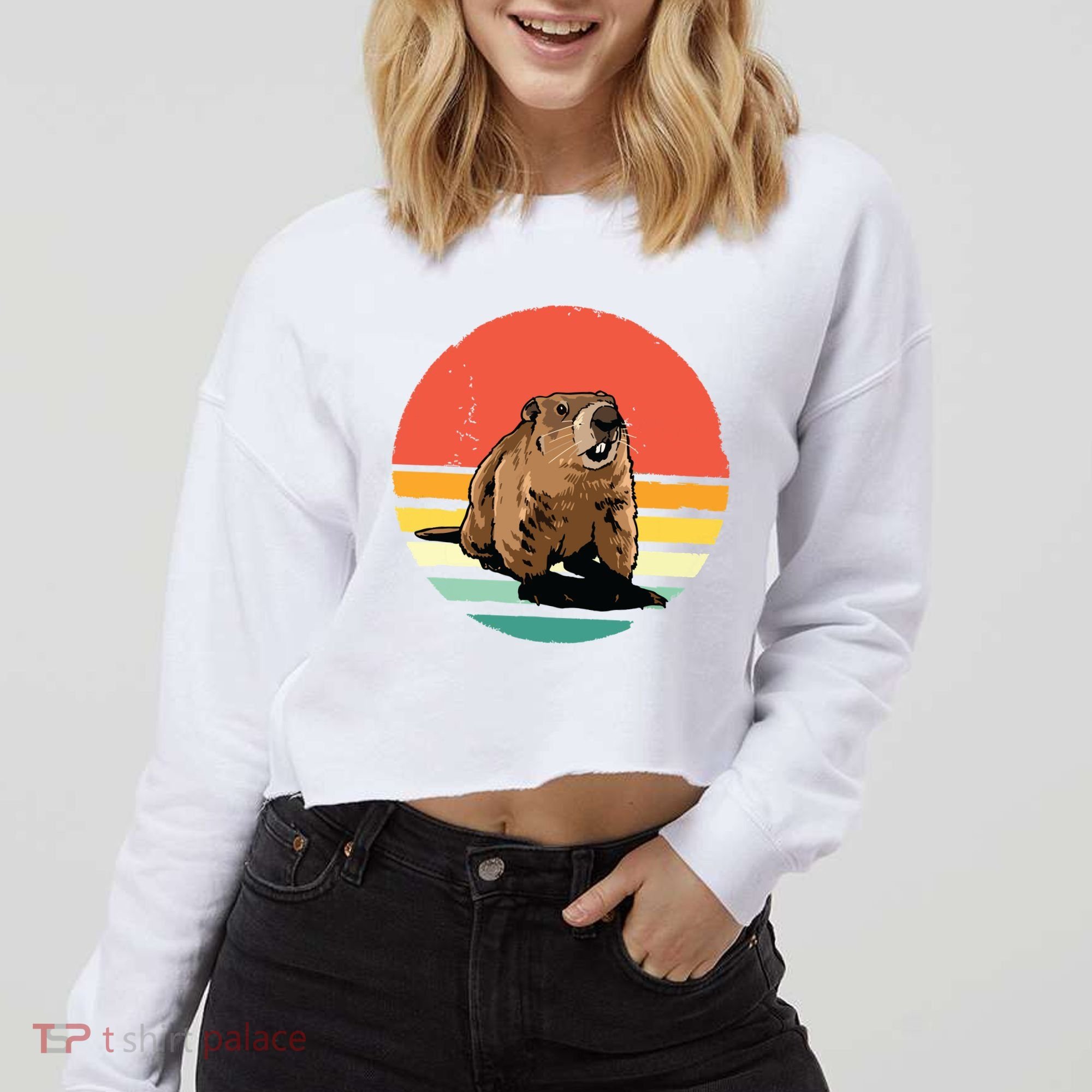 Groundhog Shirts Retro Style Rodent Animal Groundhogs Day Cropped Pullover Crew