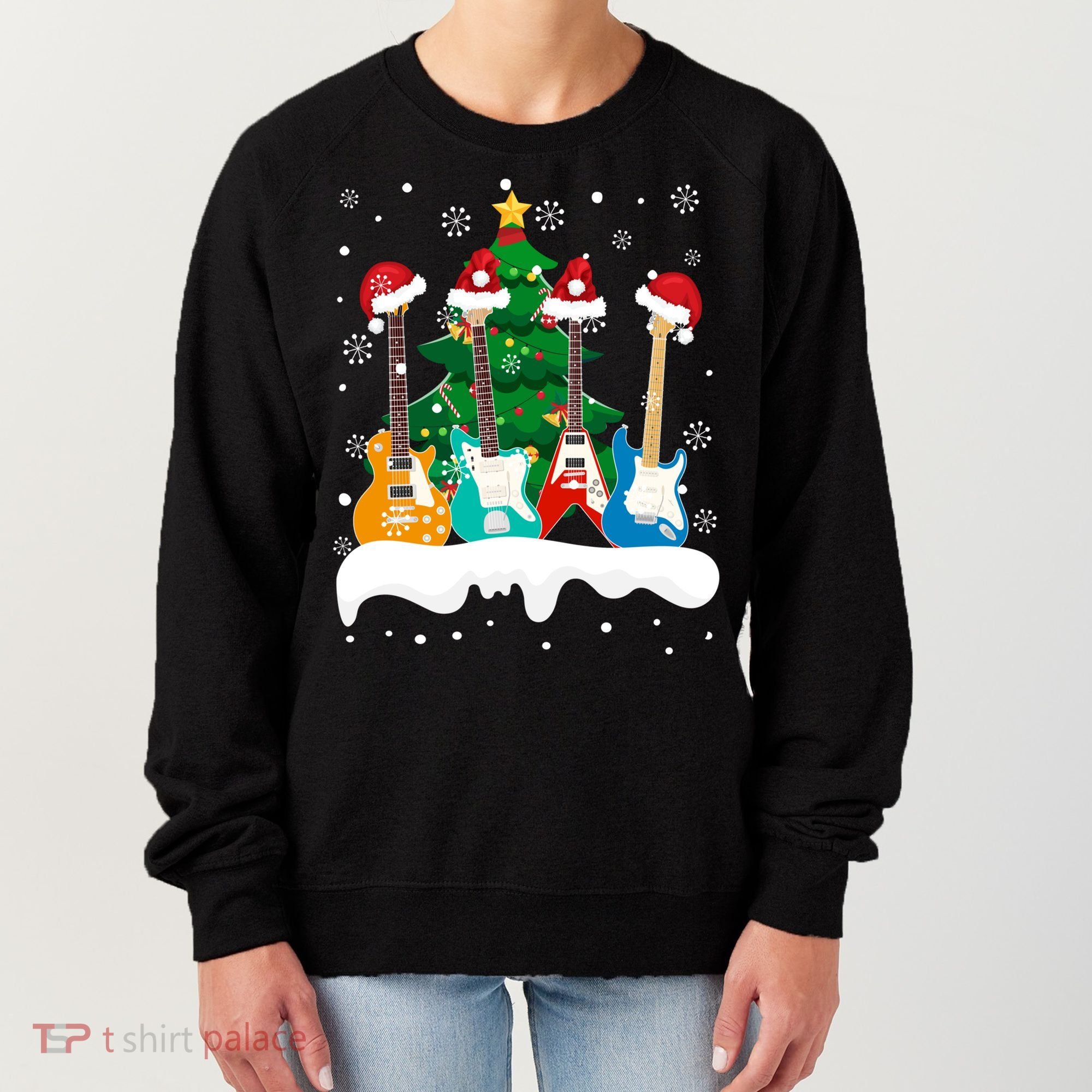 Guitar Santa Snow Christmas Tree Funny For Music Lovers Xmas Great Gift Women's Sweatshirt