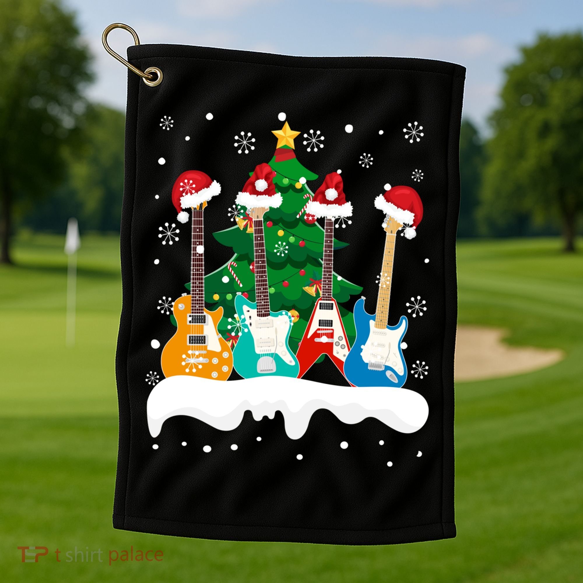 Guitar Santa Snow Christmas Tree Funny For Music Lovers Xmas Great Gift Golf Towel