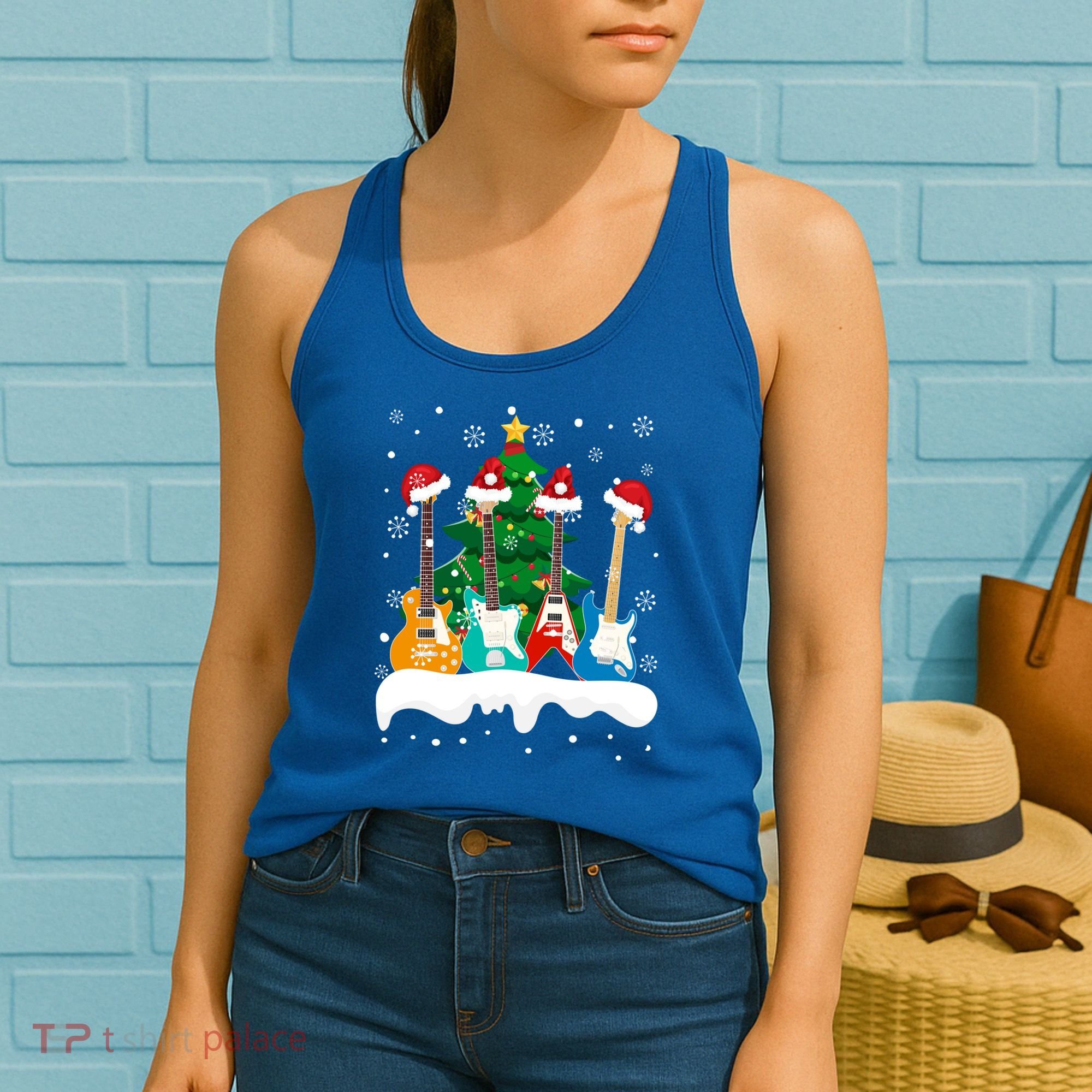 Guitar Santa Snow Christmas Tree Funny For Music Lovers Xmas Great Gift Women's Tank Top