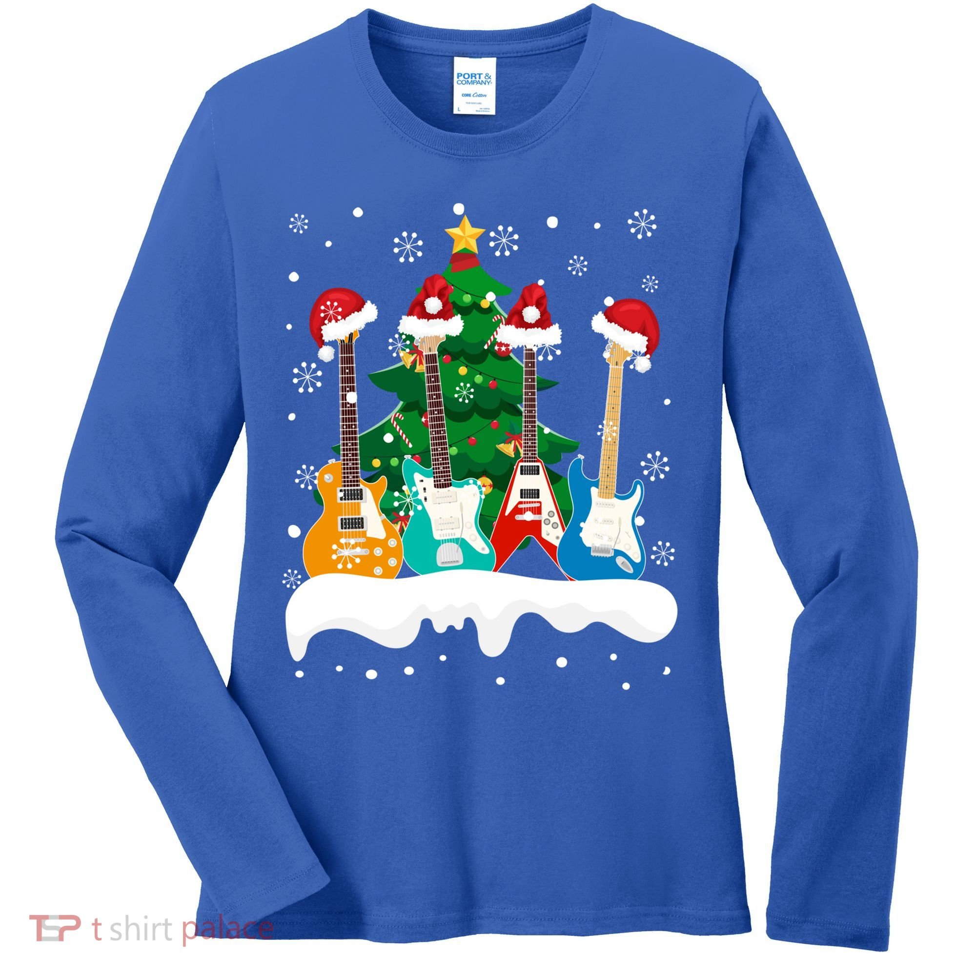 Guitar Santa Snow Christmas Tree Funny For Music Lovers Xmas Great Gift Women's Long Sleeve Shirt