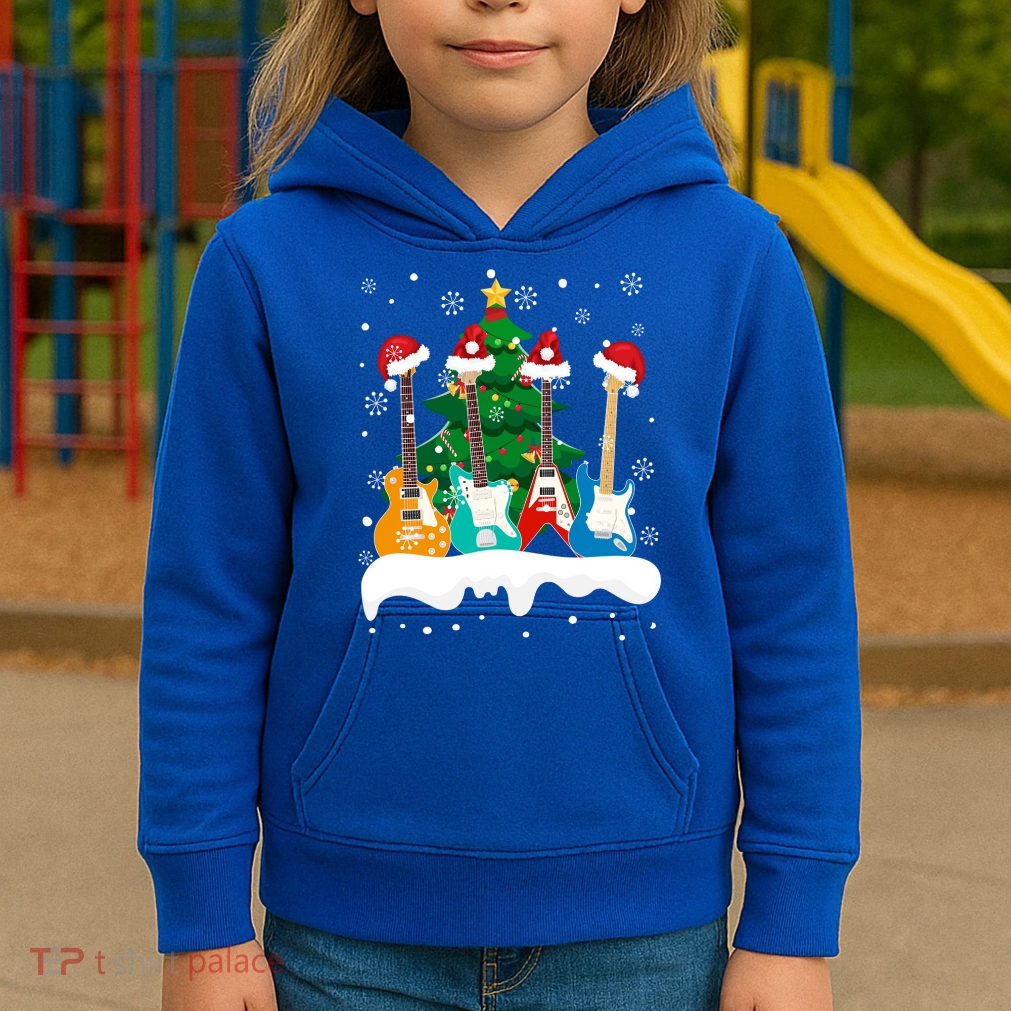 Guitar Santa Snow Christmas Tree Funny For Music Lovers Xmas Great Gift Kids Hoodie