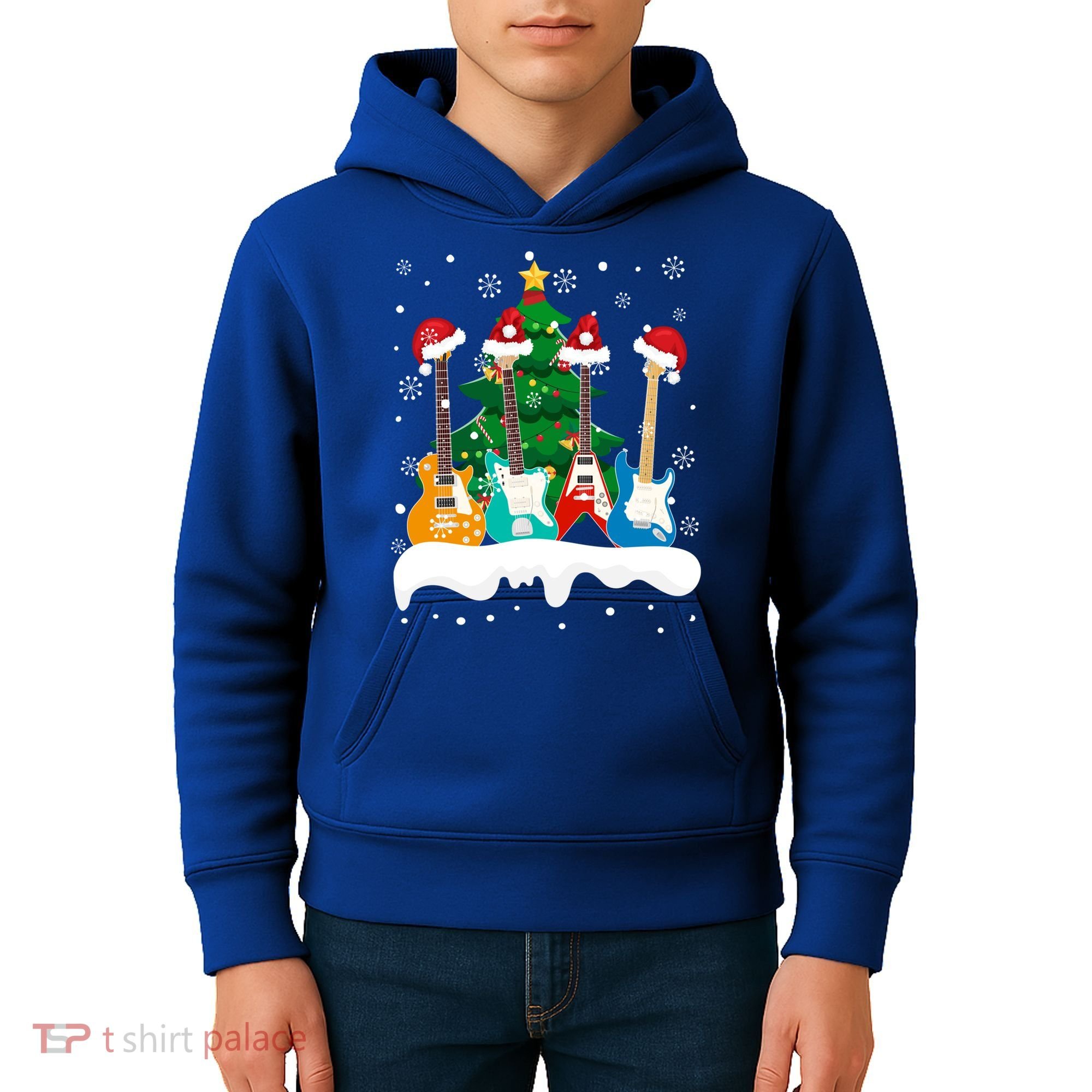 Guitar Santa Snow Christmas Tree Funny For Music Lovers Xmas Great Gift Kids Hoodie