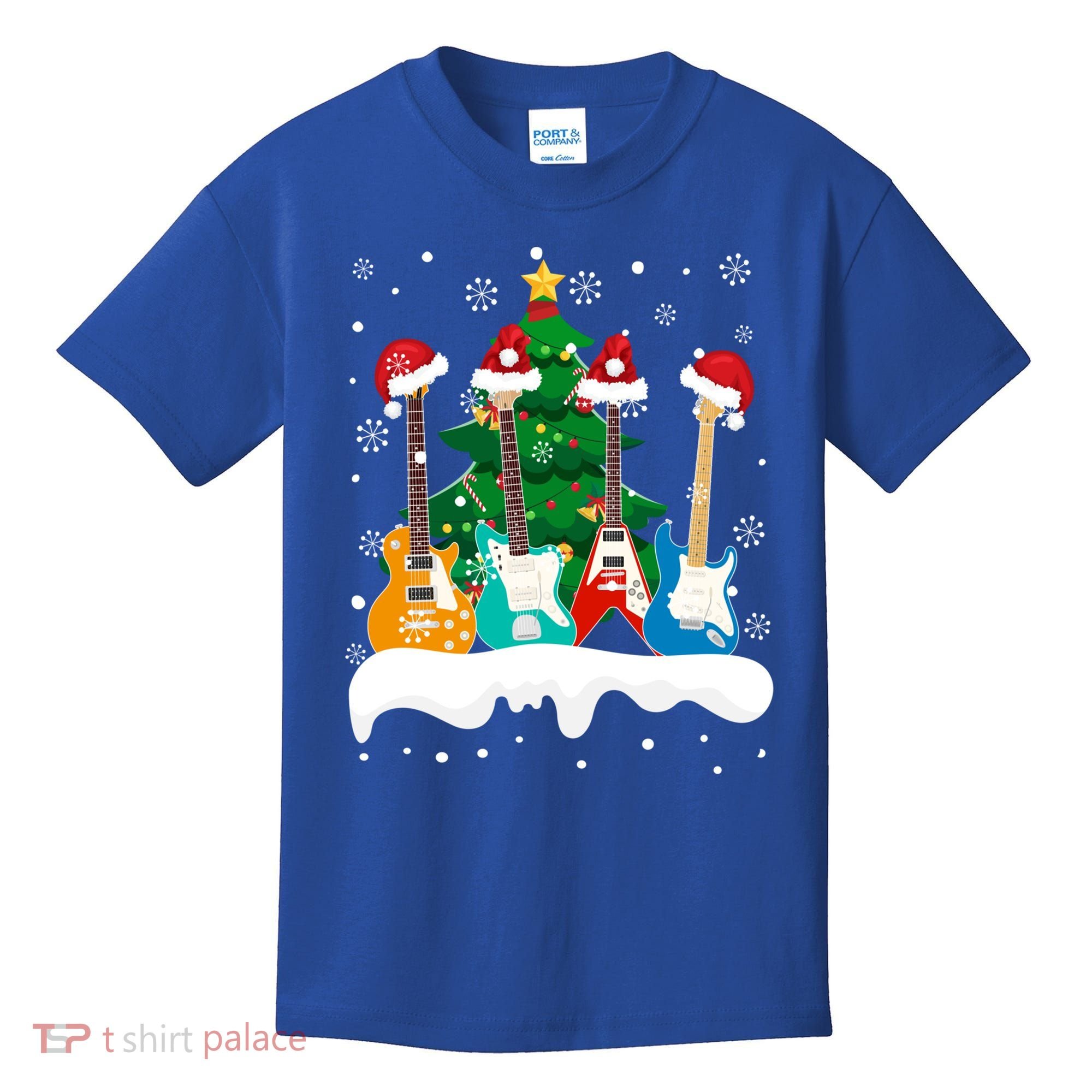 Guitar Santa Snow Christmas Tree Funny For Music Lovers Xmas Great Gift Kids T-Shirt