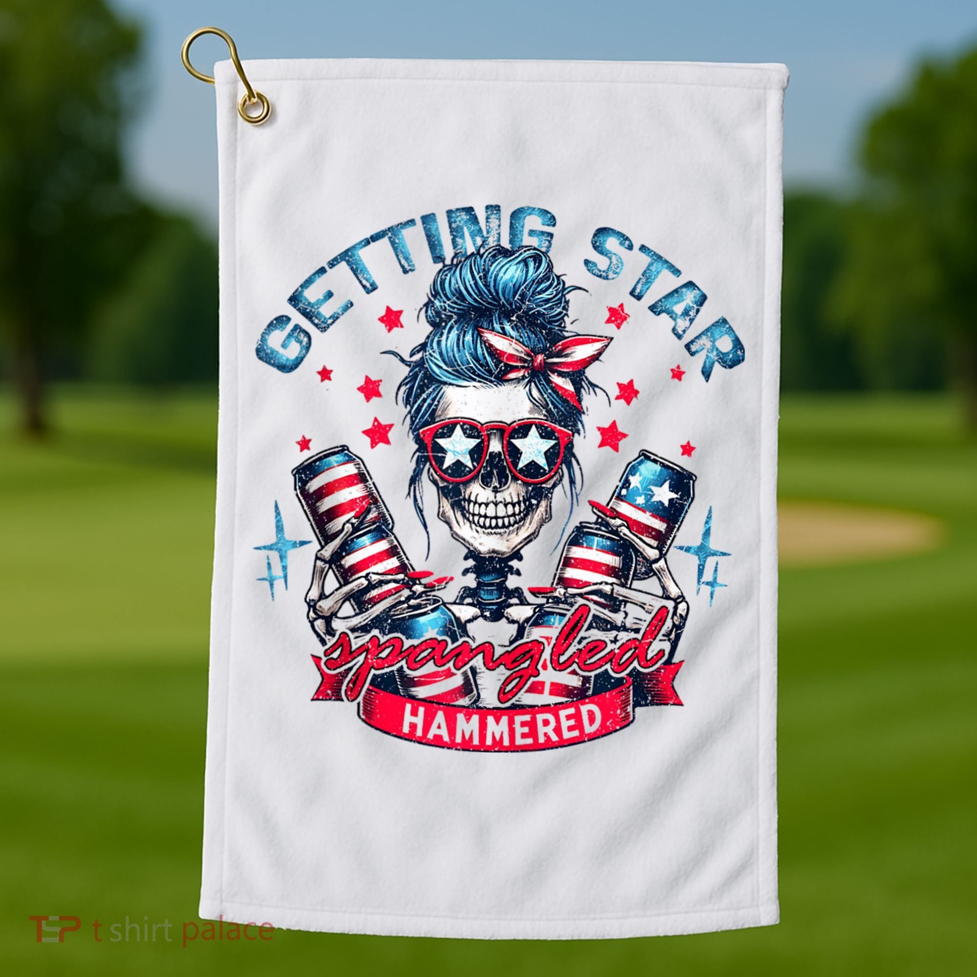 Getting Star Spangled Hammered Skeleton 4th Of July Golf Towel