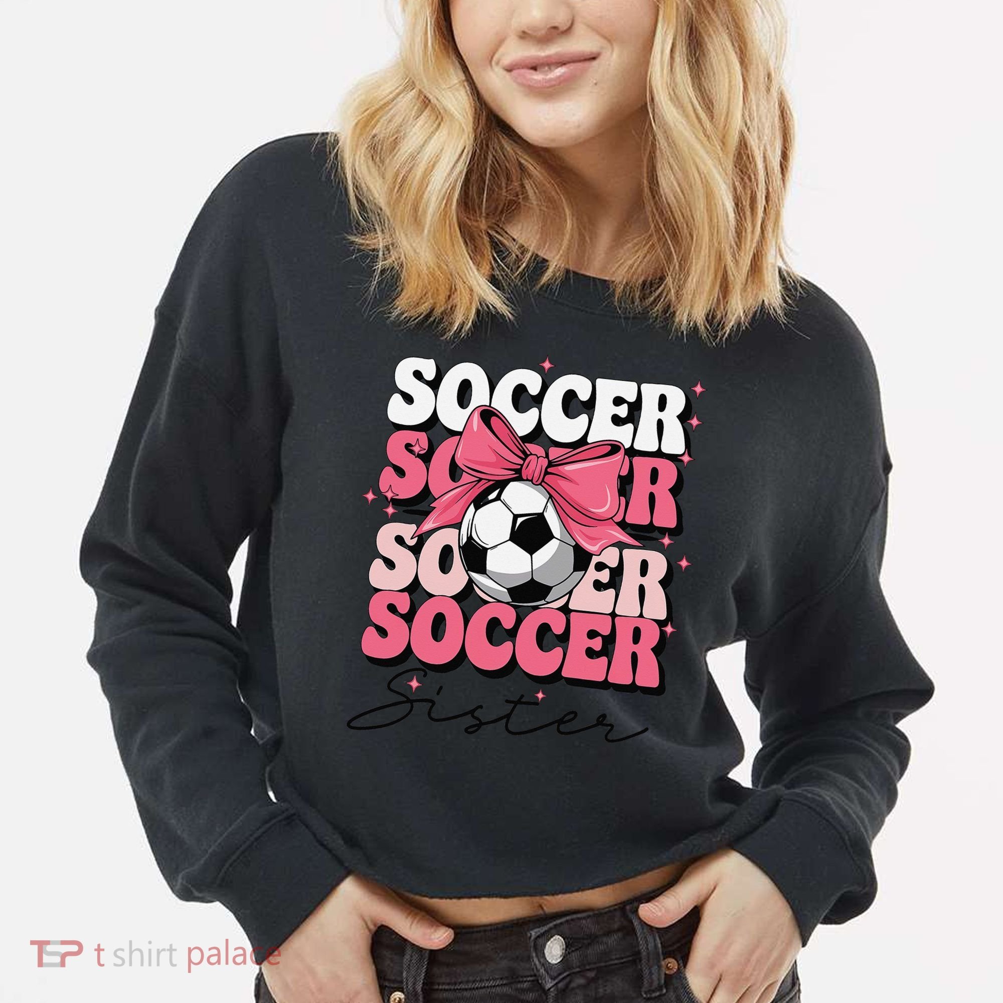 Groovy Soccer Sister Coquette Bow Soccer Gift Cropped Pullover Crew