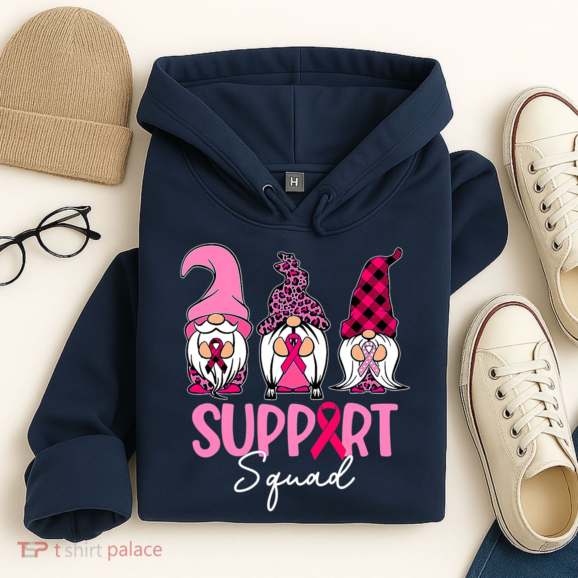 Gnomes Support Squad Breast Cancer Awareness Pink Ribbon Hoodie
