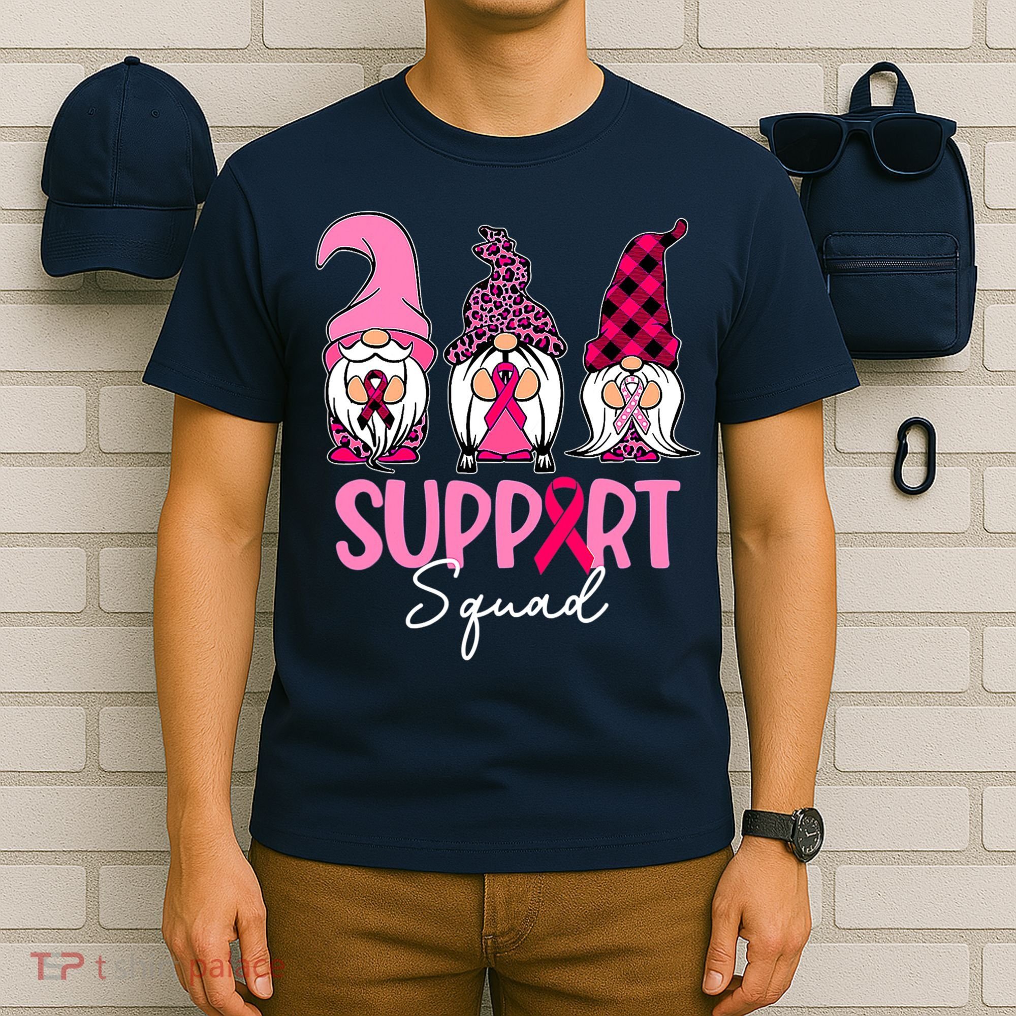 Gnomes Support Squad Breast Cancer Awareness Pink Ribbon T-Shirt