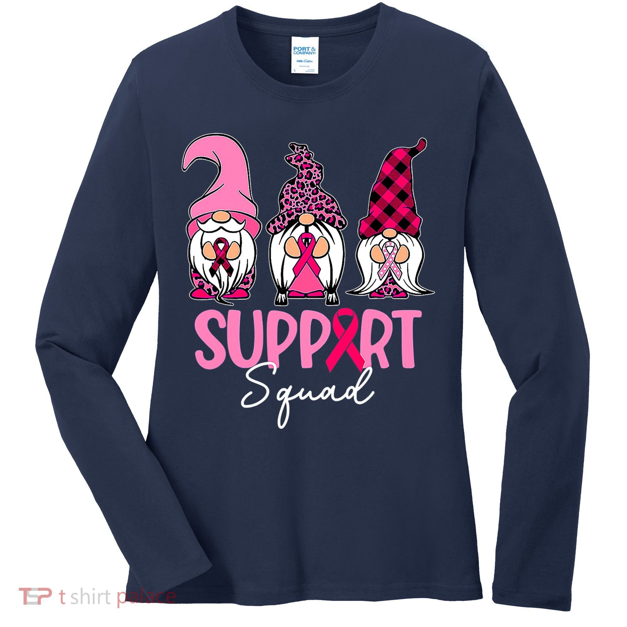 Gnomes Support Squad Breast Cancer Awareness Pink Ribbon Women's Long Sleeve Shirt