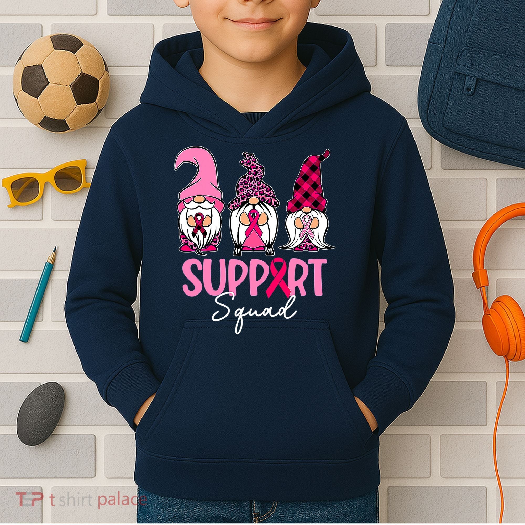 Gnomes Support Squad Breast Cancer Awareness Pink Ribbon Kids Hoodie
