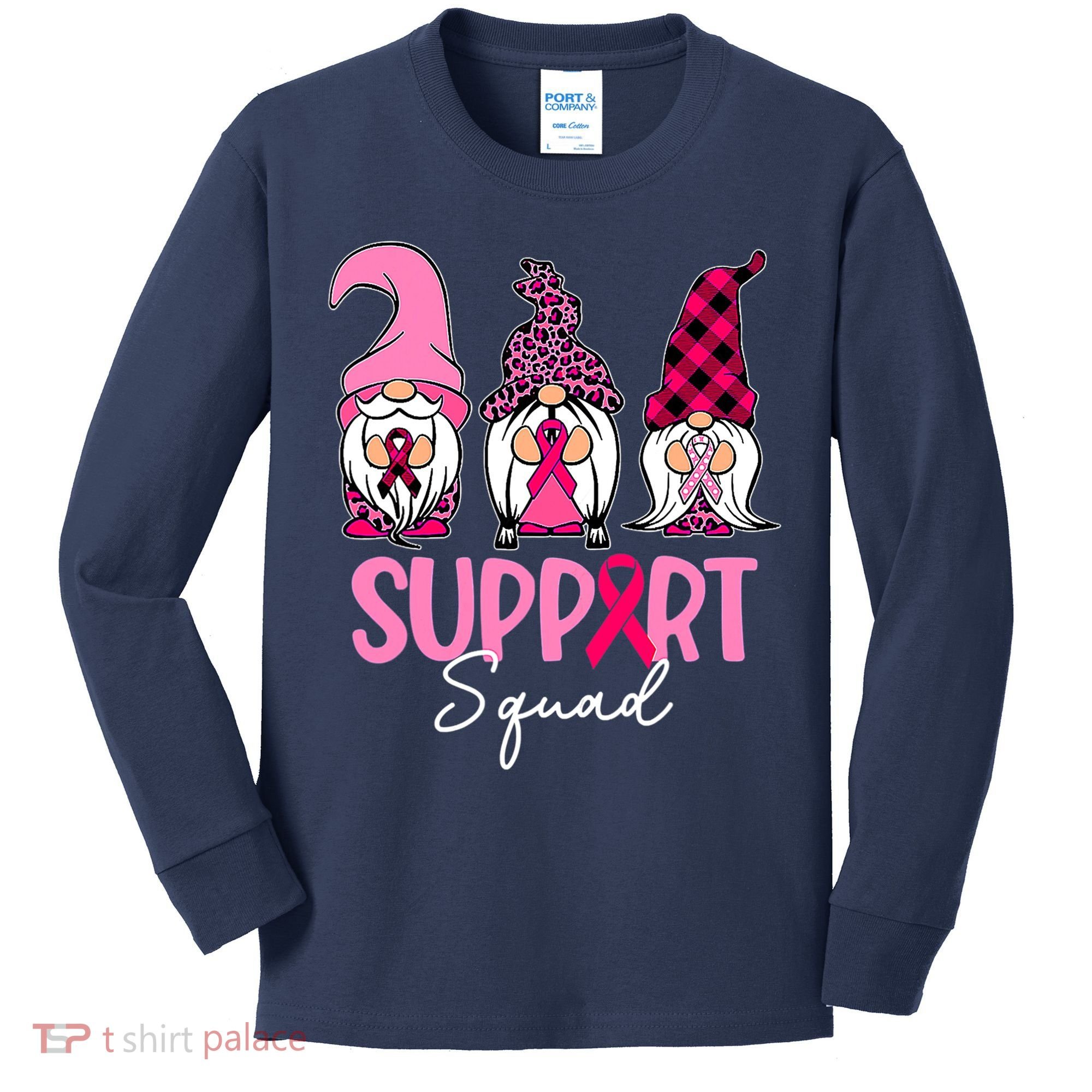 Gnomes Support Squad Breast Cancer Awareness Pink Ribbon Kids Long Sleeve Shirt
