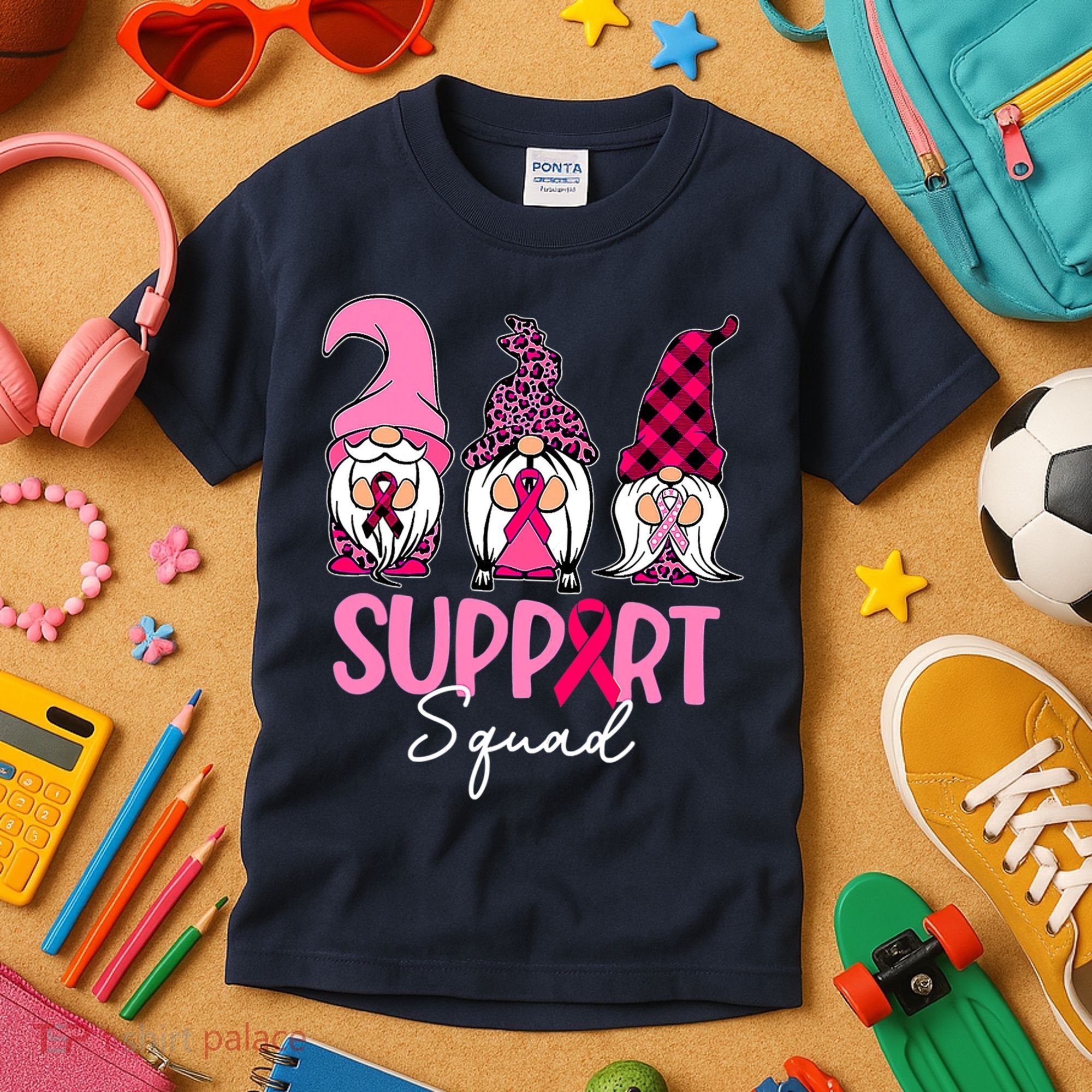 Gnomes Support Squad Breast Cancer Awareness Pink Ribbon Kids T-Shirt