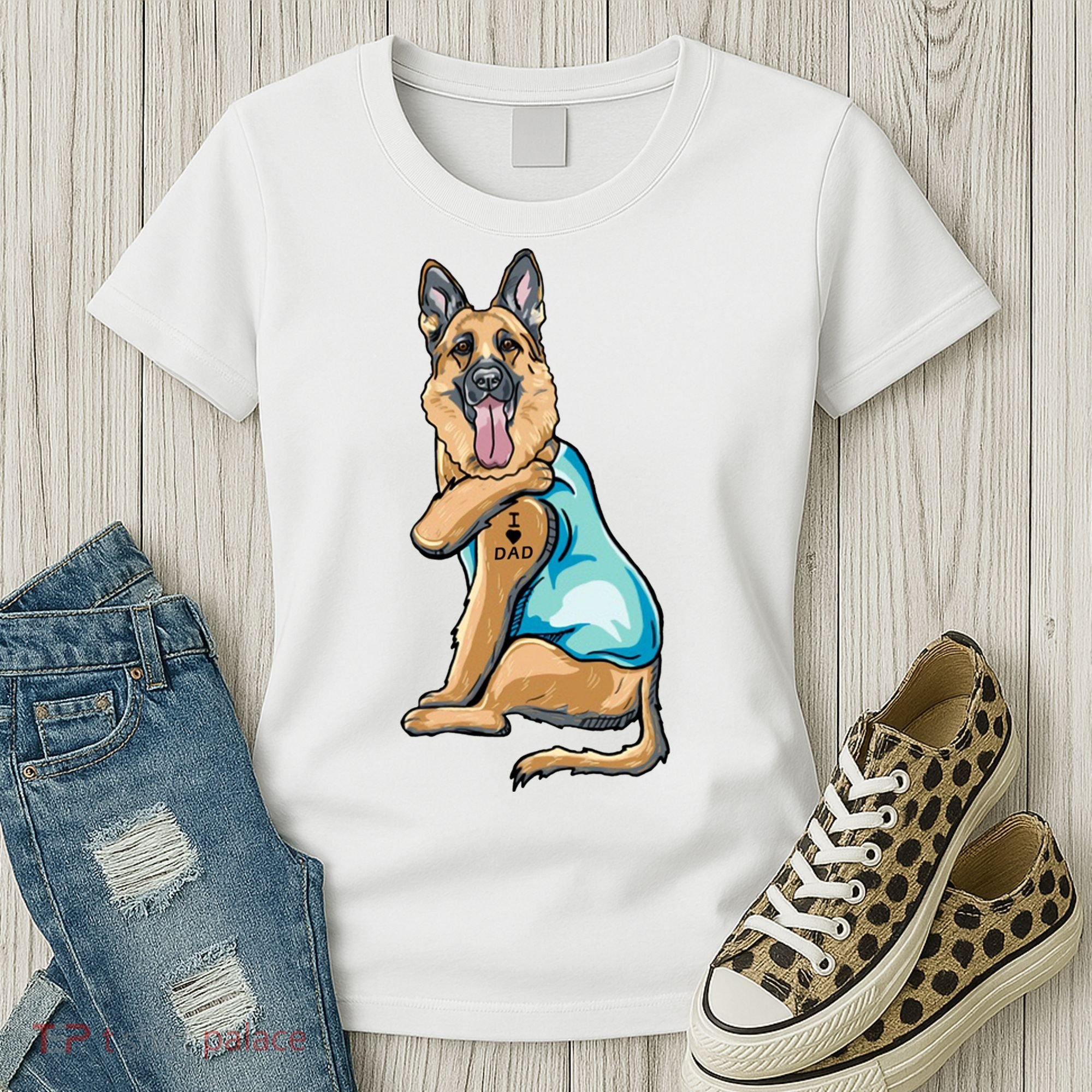 German Shepherd Tattoos I Love Dad Sitting Gift Father's Day Cool Gift Women's T-Shirt