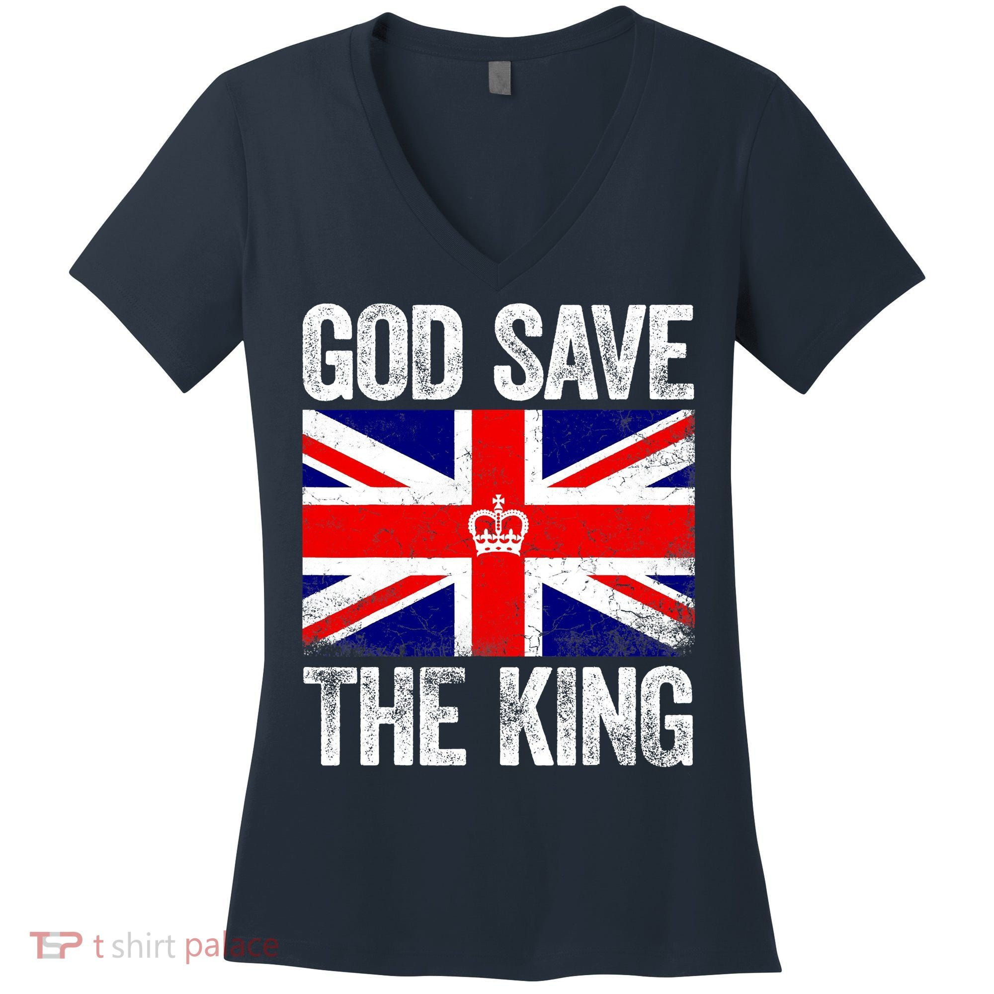 God Save The King Charles III Tee UK Flag Top King Charles Women's V-Neck T-Shirt