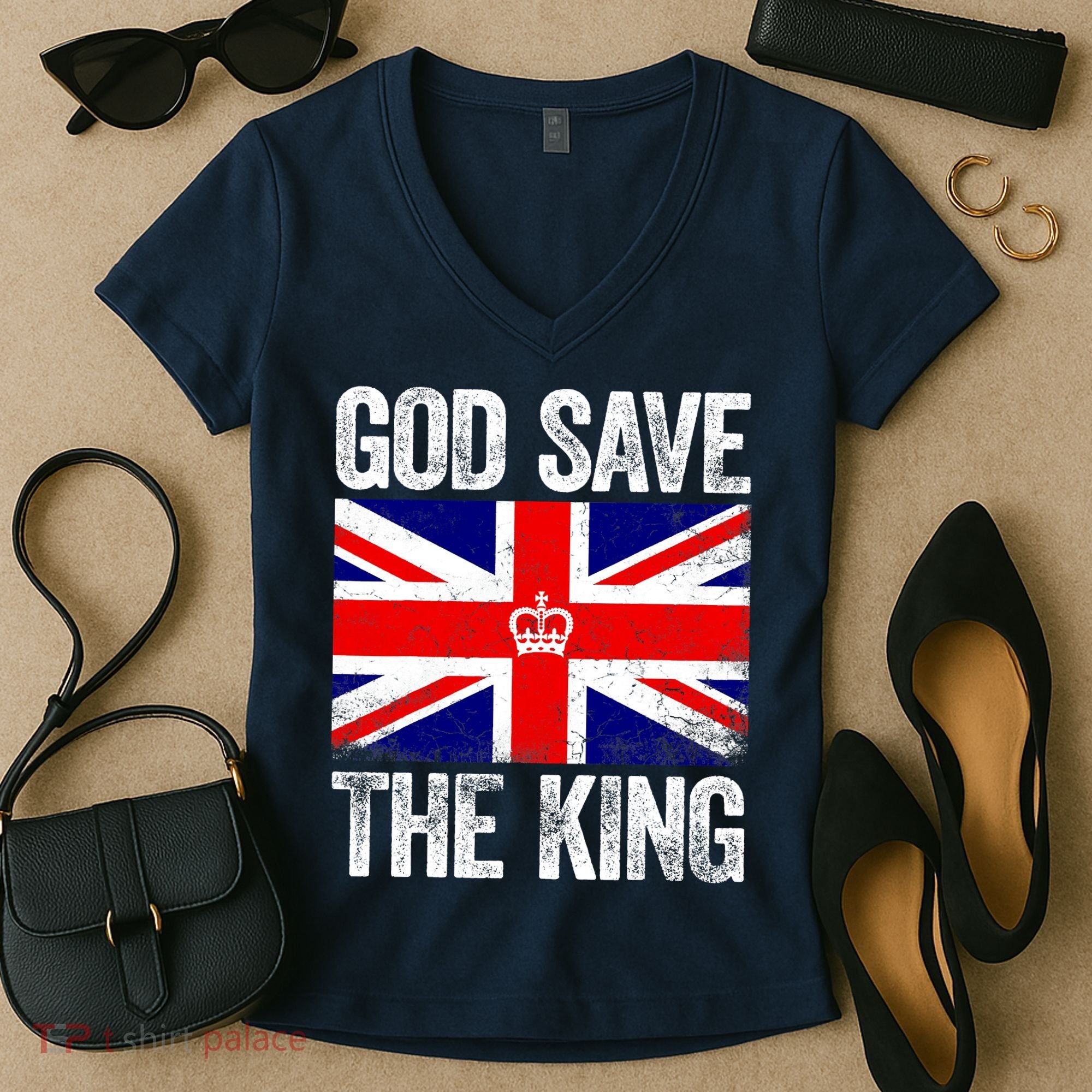 God Save The King Charles III Tee UK Flag Top King Charles Women's V-Neck T-Shirt