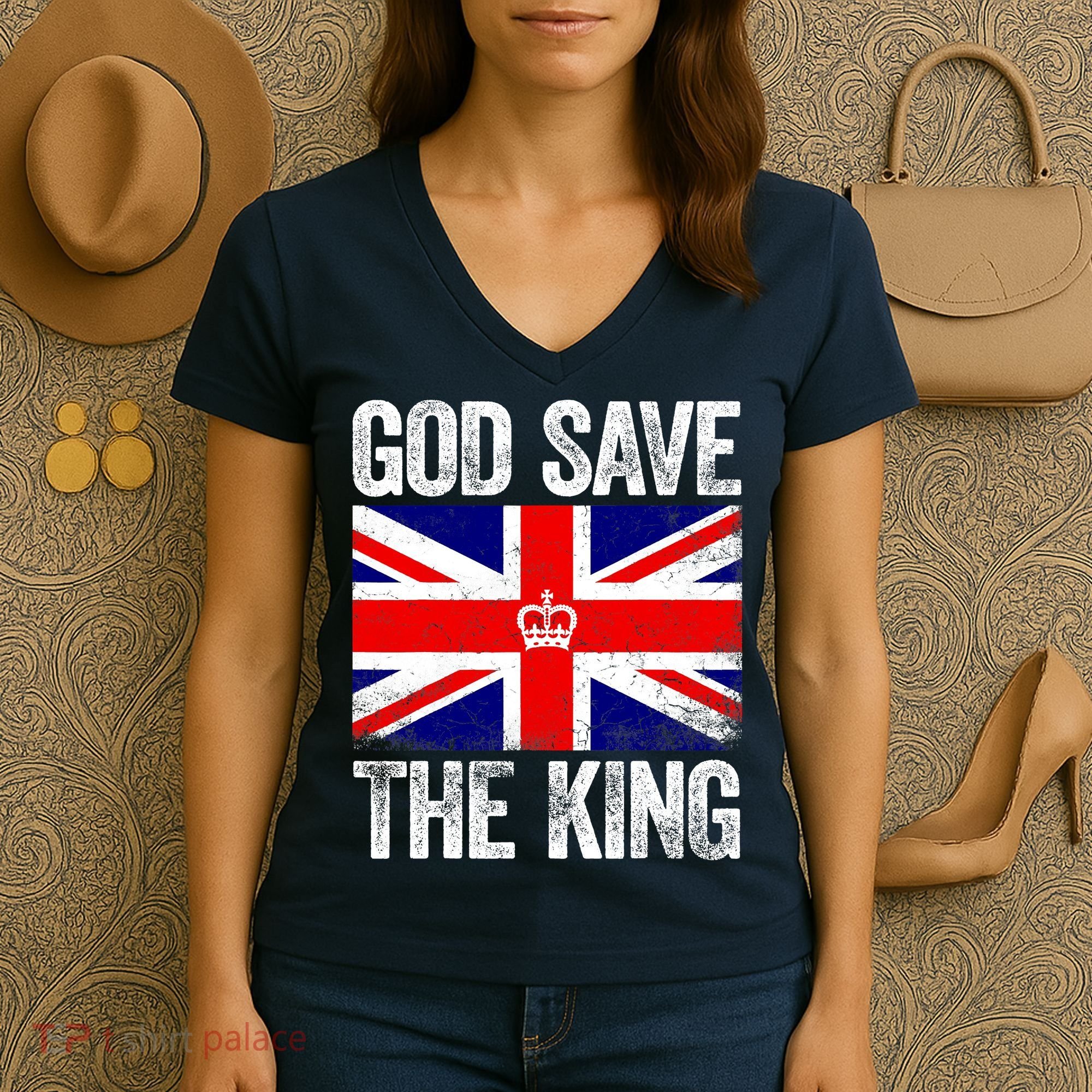 God Save The King Charles III Tee UK Flag Top King Charles Women's V-Neck T-Shirt