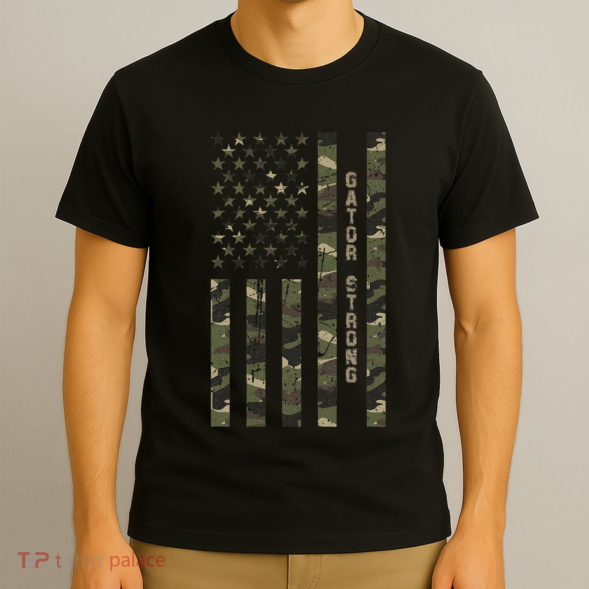 Gator Strong United States Distressed Camo W Us Flag T-Shirt