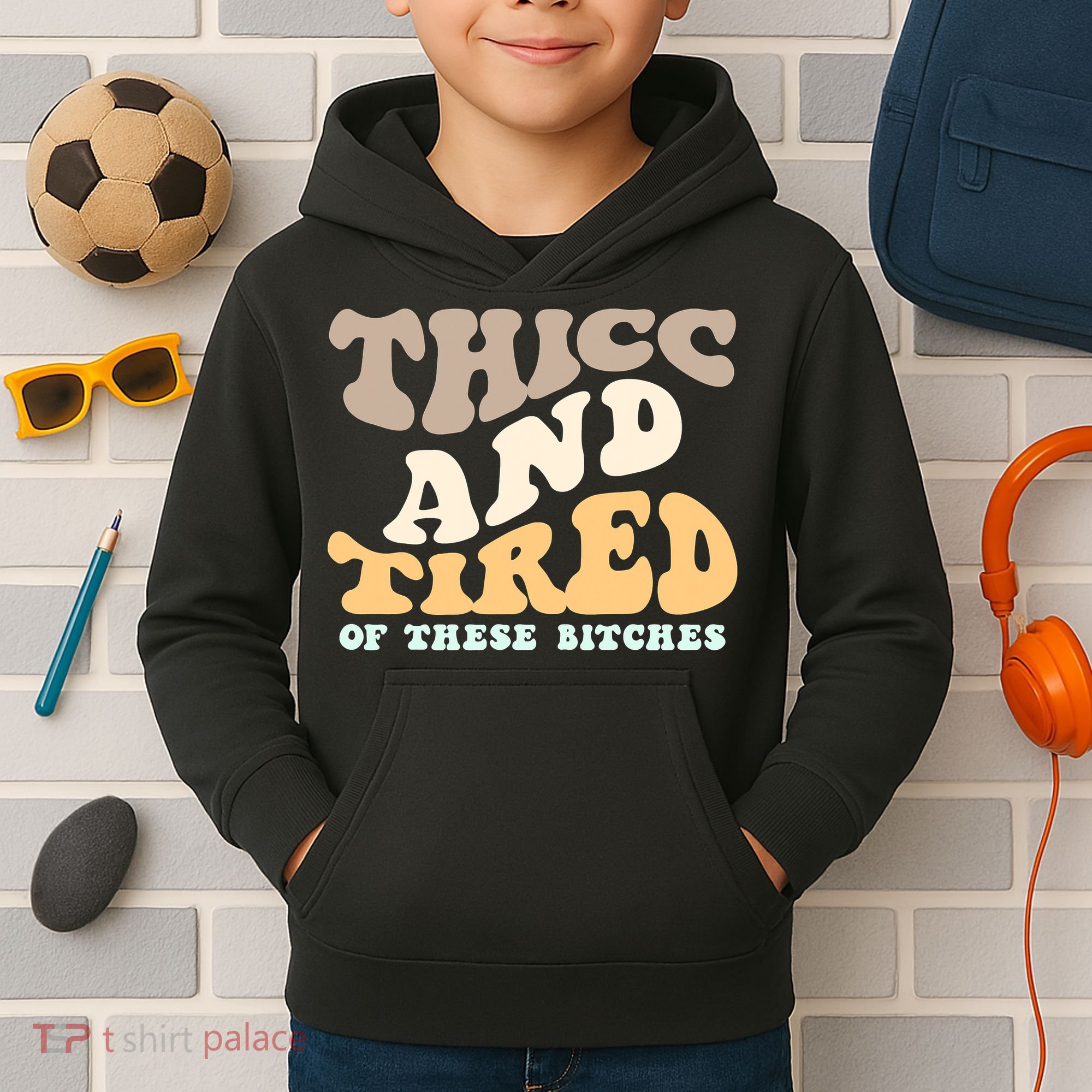 Groovy Thicc And Tired Of These Bitches Retro Wavy Kids Hoodie