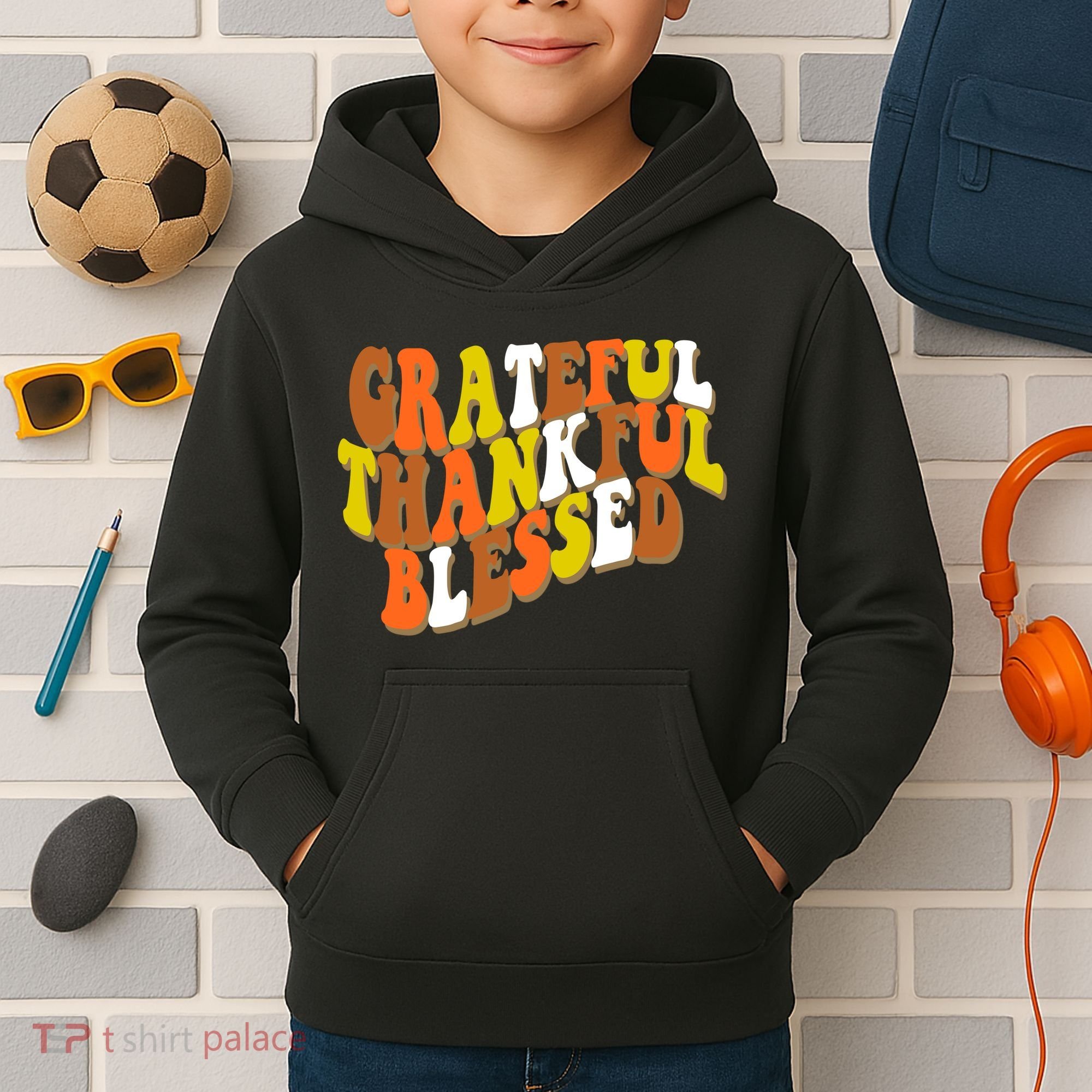 Grateful Thankful Blessed Retro Thanksgiving Kids Hoodie