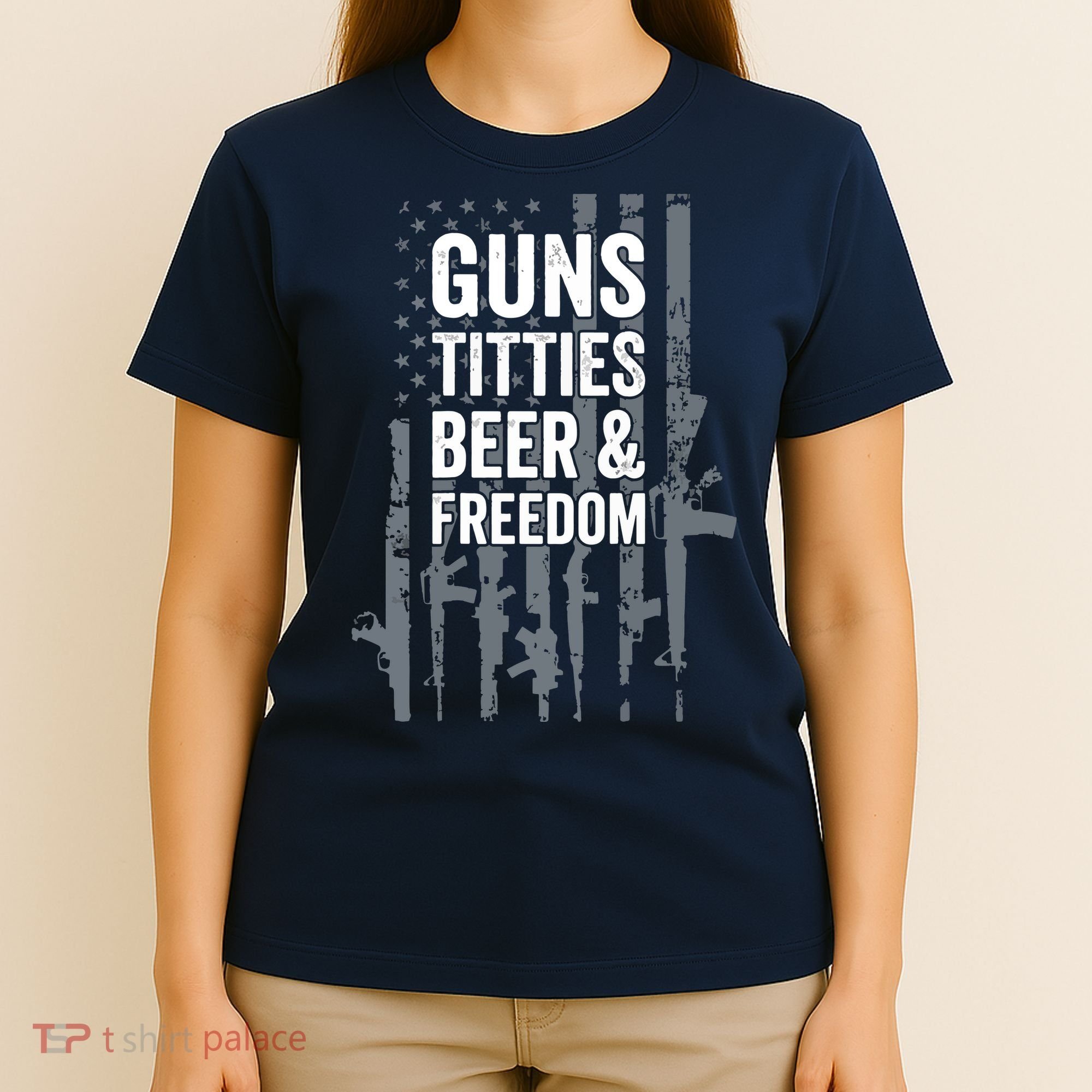 Guns Titties Beer & Freedom Funny Drinking USA Flag T-Shirt