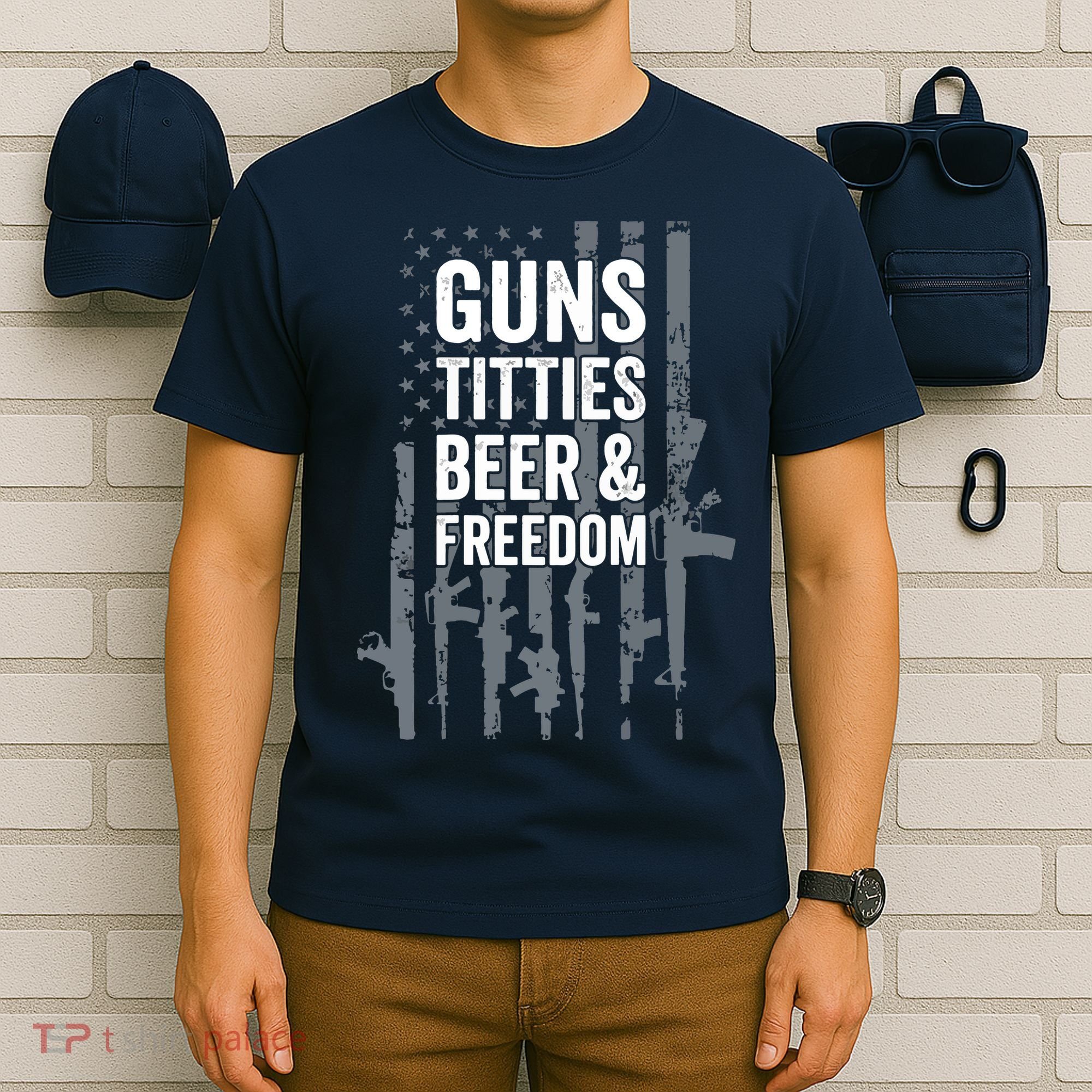 Guns Titties Beer & Freedom Funny Drinking USA Flag T-Shirt
