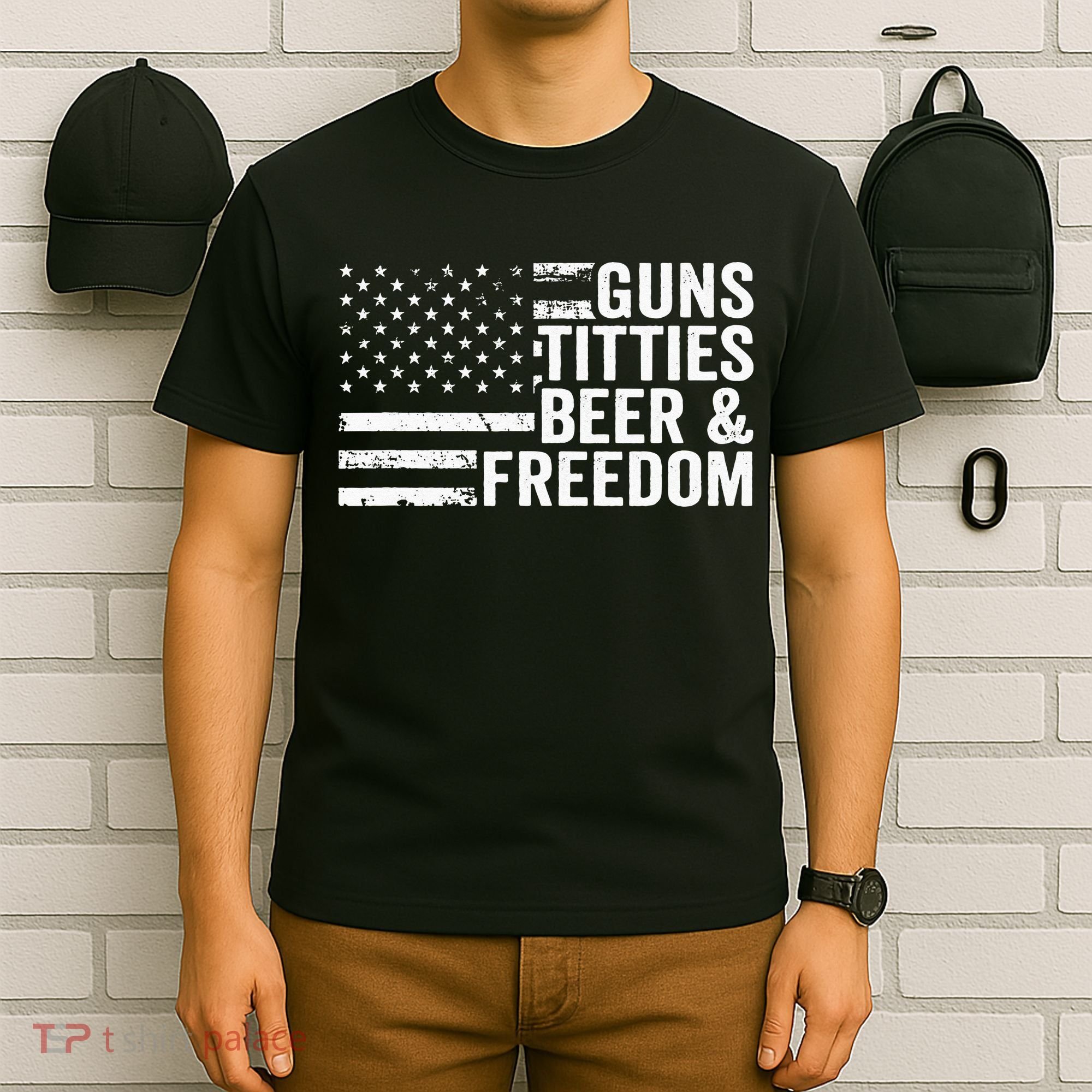 Guns Titties Beer & Freedom Funny Drinking USA Flag T-Shirt