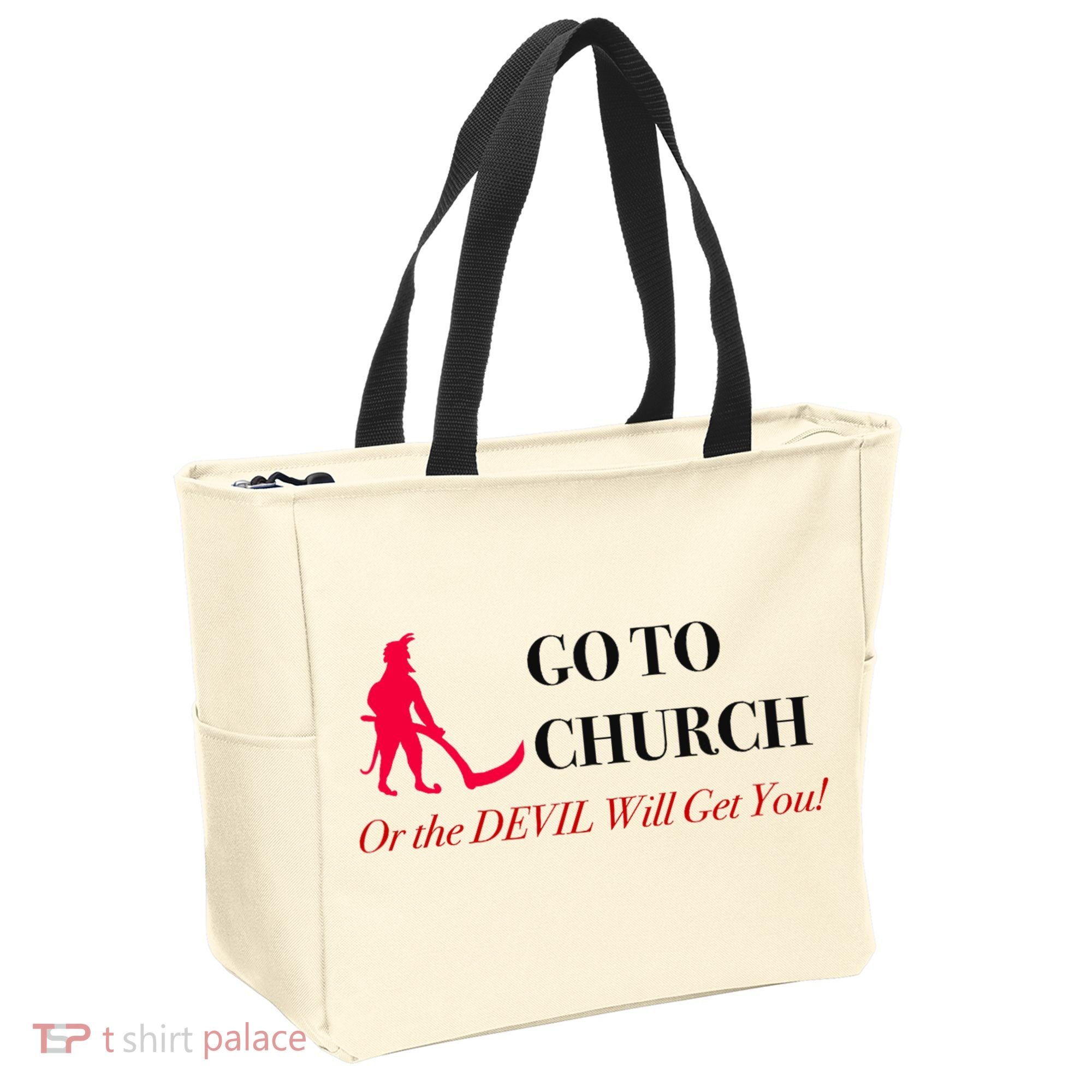 Go To Church Or The Devil Will Get You Meme Graphic Tote Bag