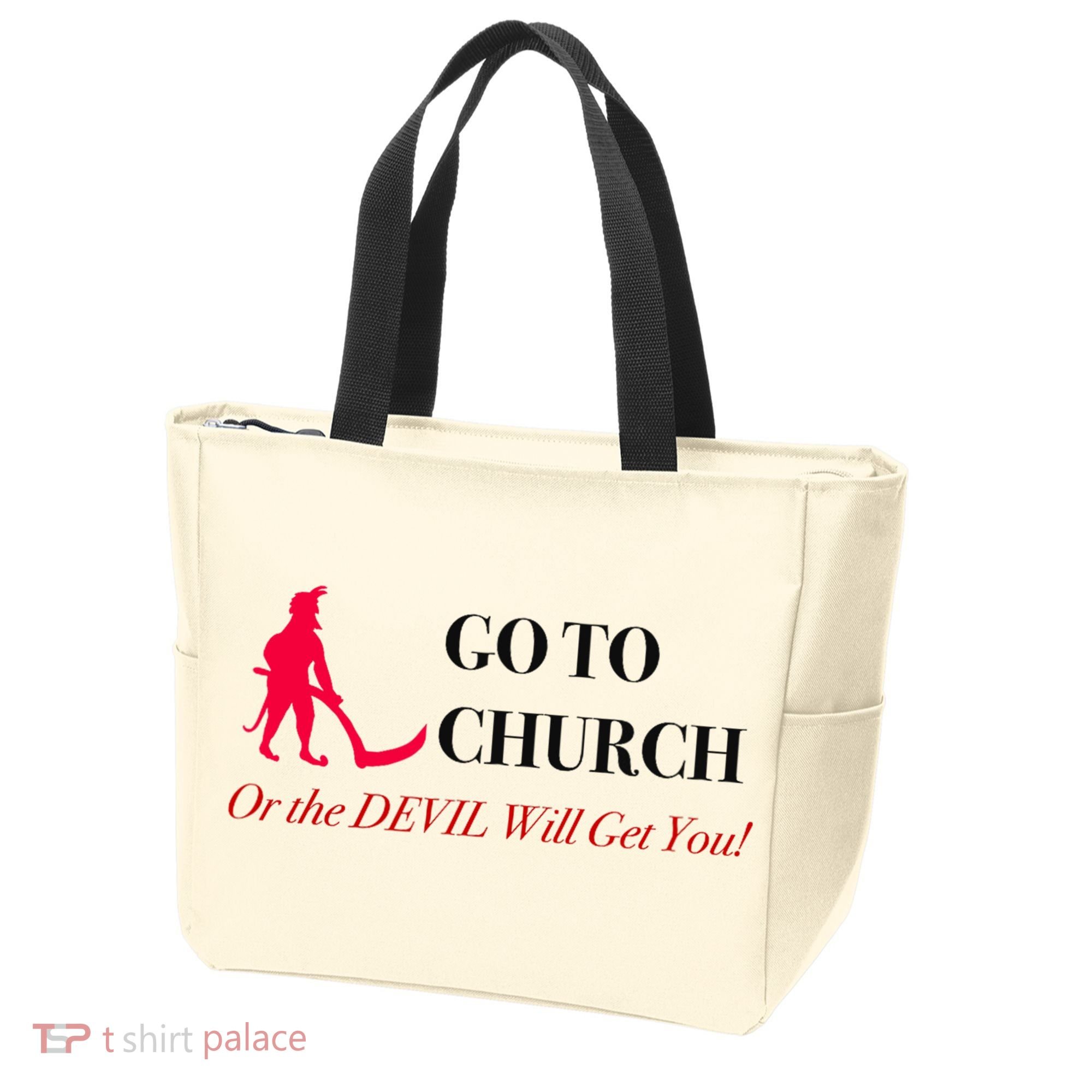Go To Church Or The Devil Will Get You Meme Graphic Tote Bag