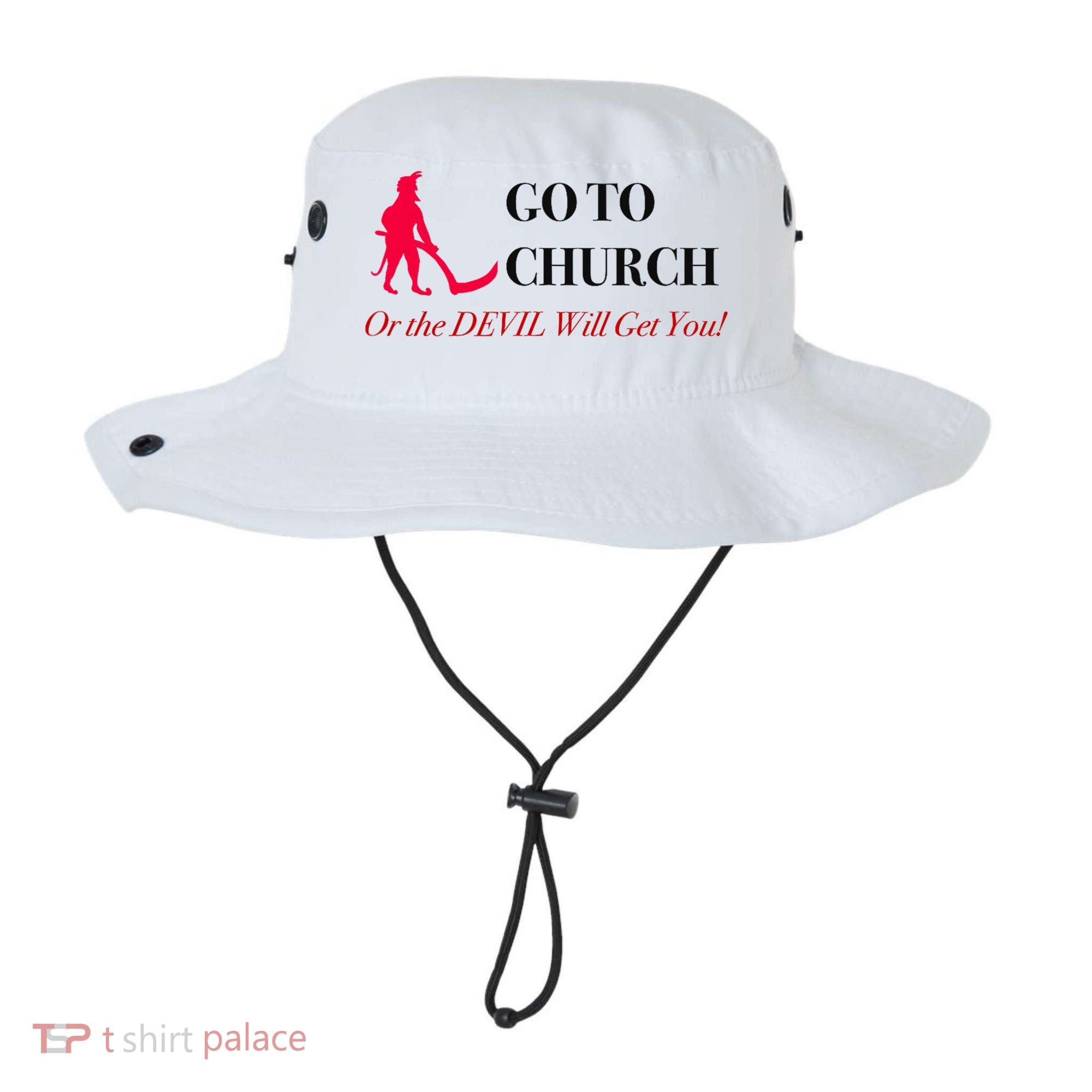 Go To Church Or The Devil Will Get You Meme Graphic Bucket Hat