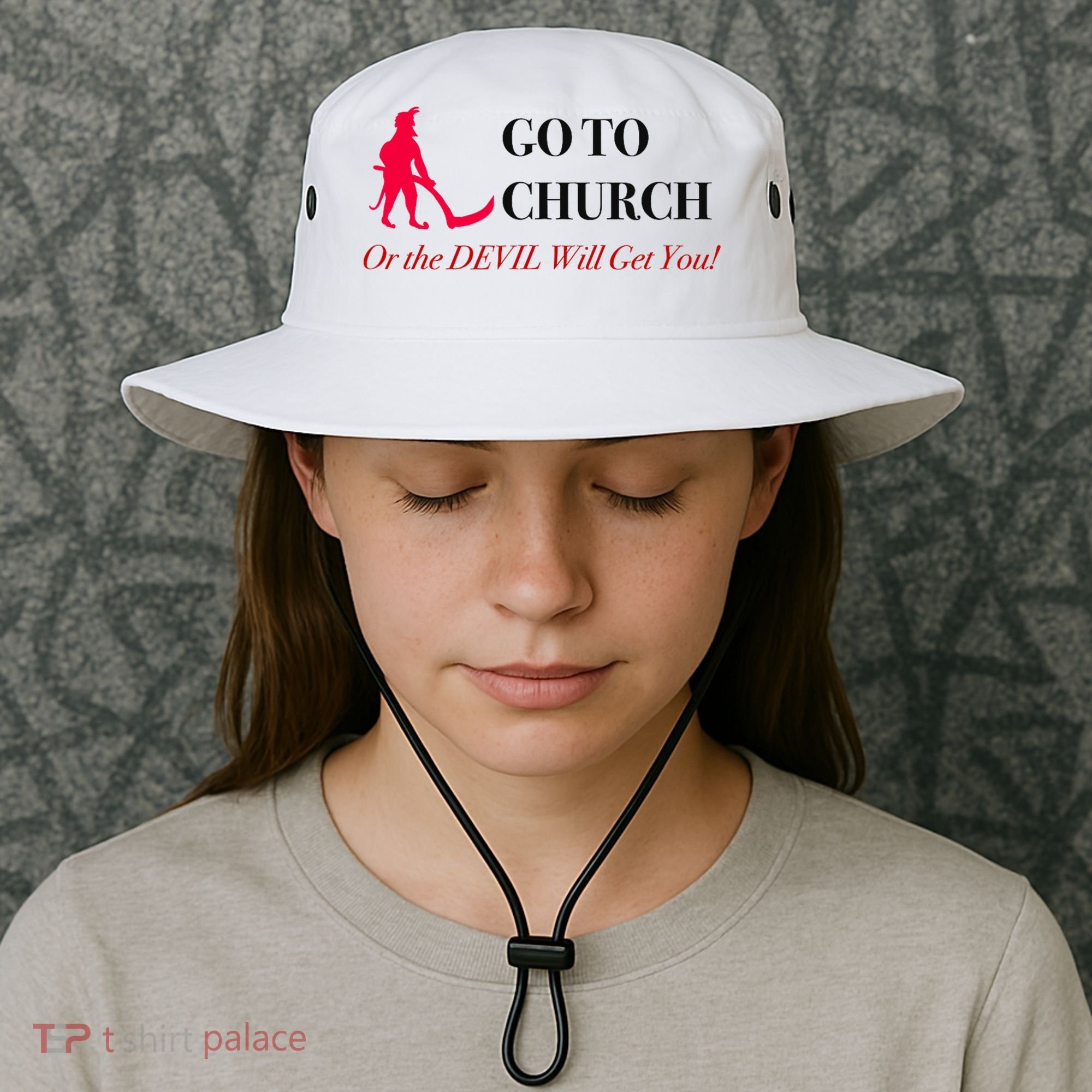Go To Church Or The Devil Will Get You Meme Graphic Bucket Hat