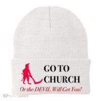 Go To Church Or The Devil Will Get You Meme Graphic Beanie thumb 0