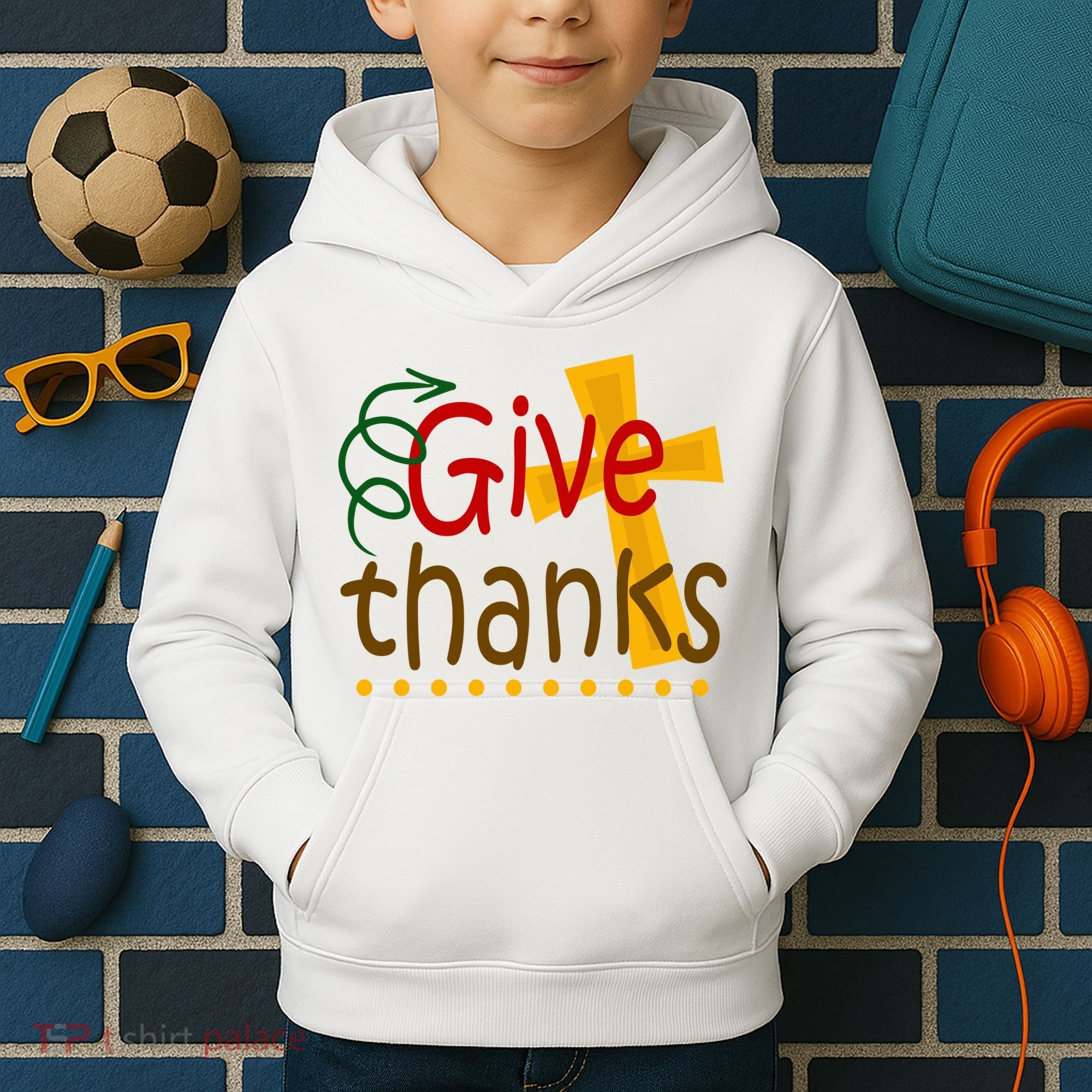 Give Thanks Cross Thanksgiving Kids Hoodie