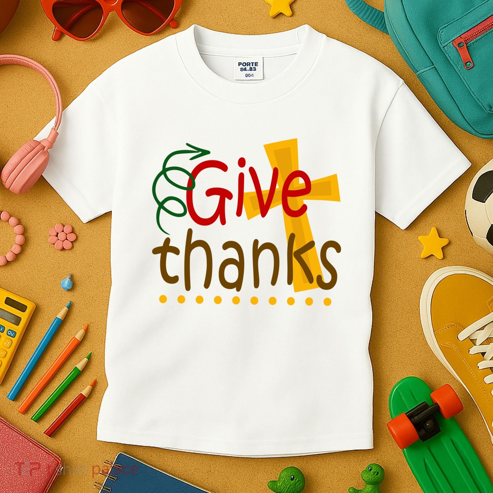 Give Thanks Cross Thanksgiving Kids T-Shirt
