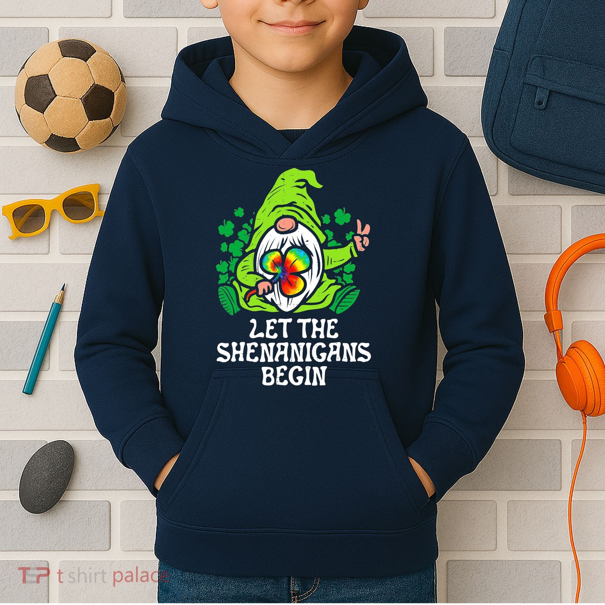 Gnome Tie Dye Shamrock Let Shenanigans Begin St Patricks Kids Hoodie