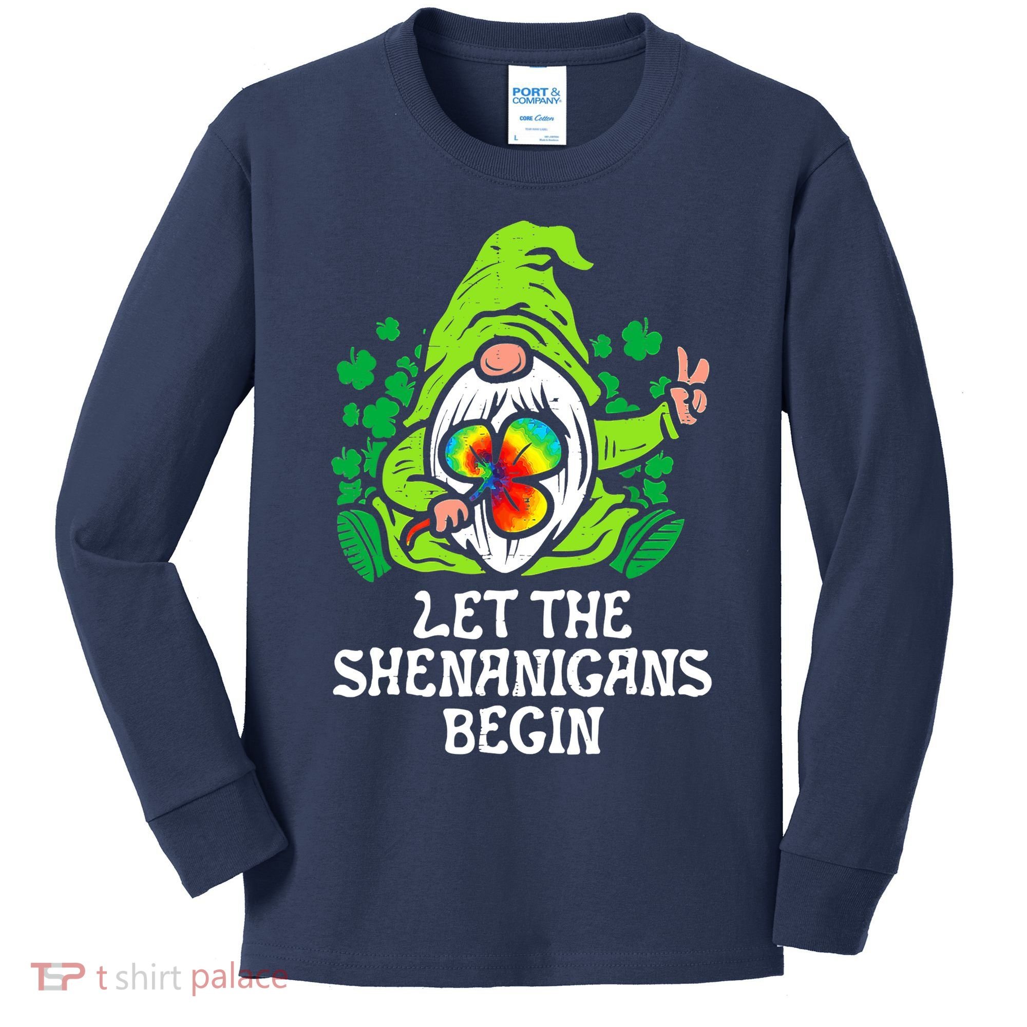 Gnome Tie Dye Shamrock Let Shenanigans Begin St Patricks Kids Long Sleeve Shirt