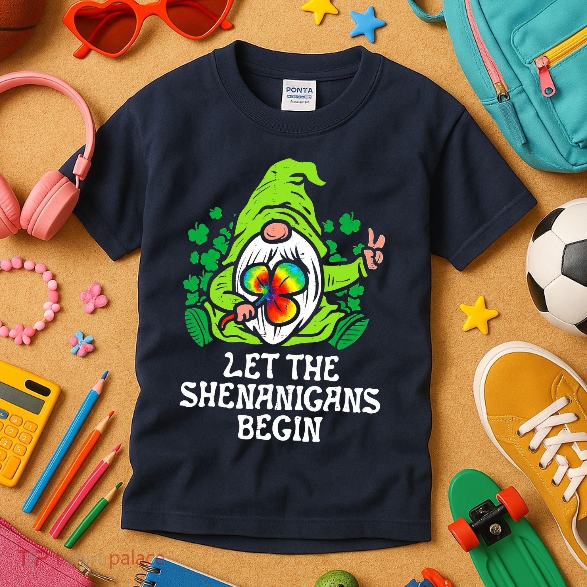 Gnome Tie Dye Shamrock Let Shenanigans Begin St Patricks Kids T-Shirt