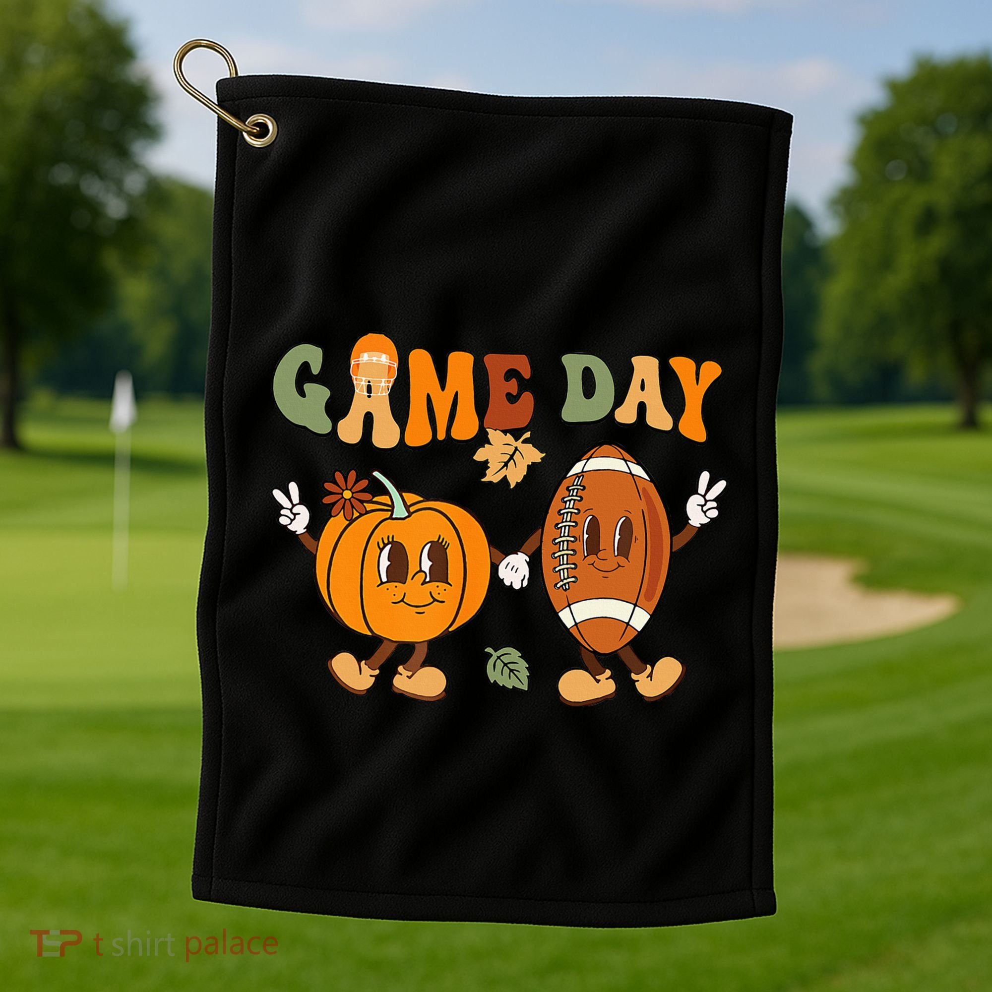 Groovy Thanksgiving Game Day Pumpkin Football Halloween Fall Golf Towel