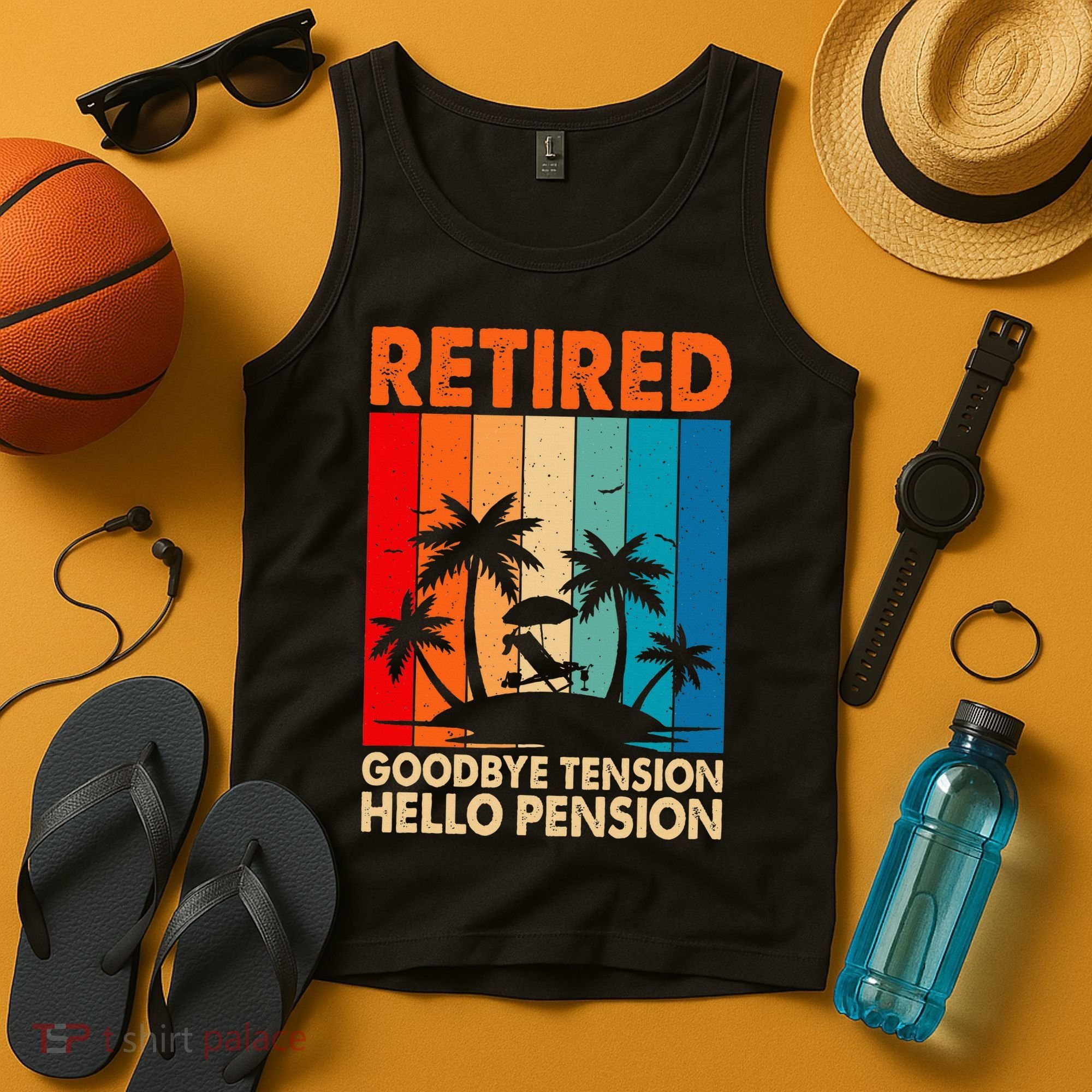Goodbye Tension Hello Pension Beach Palm Trees Retirement Tank Top